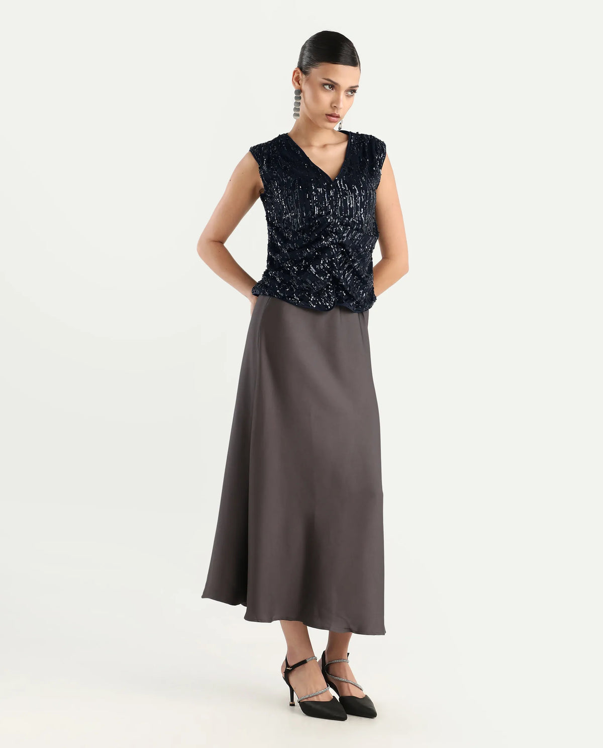 Rareism Women's Saot Metallic Navy Cotton Blend V-Neck Plain Sleeveless Regular Fitted Top