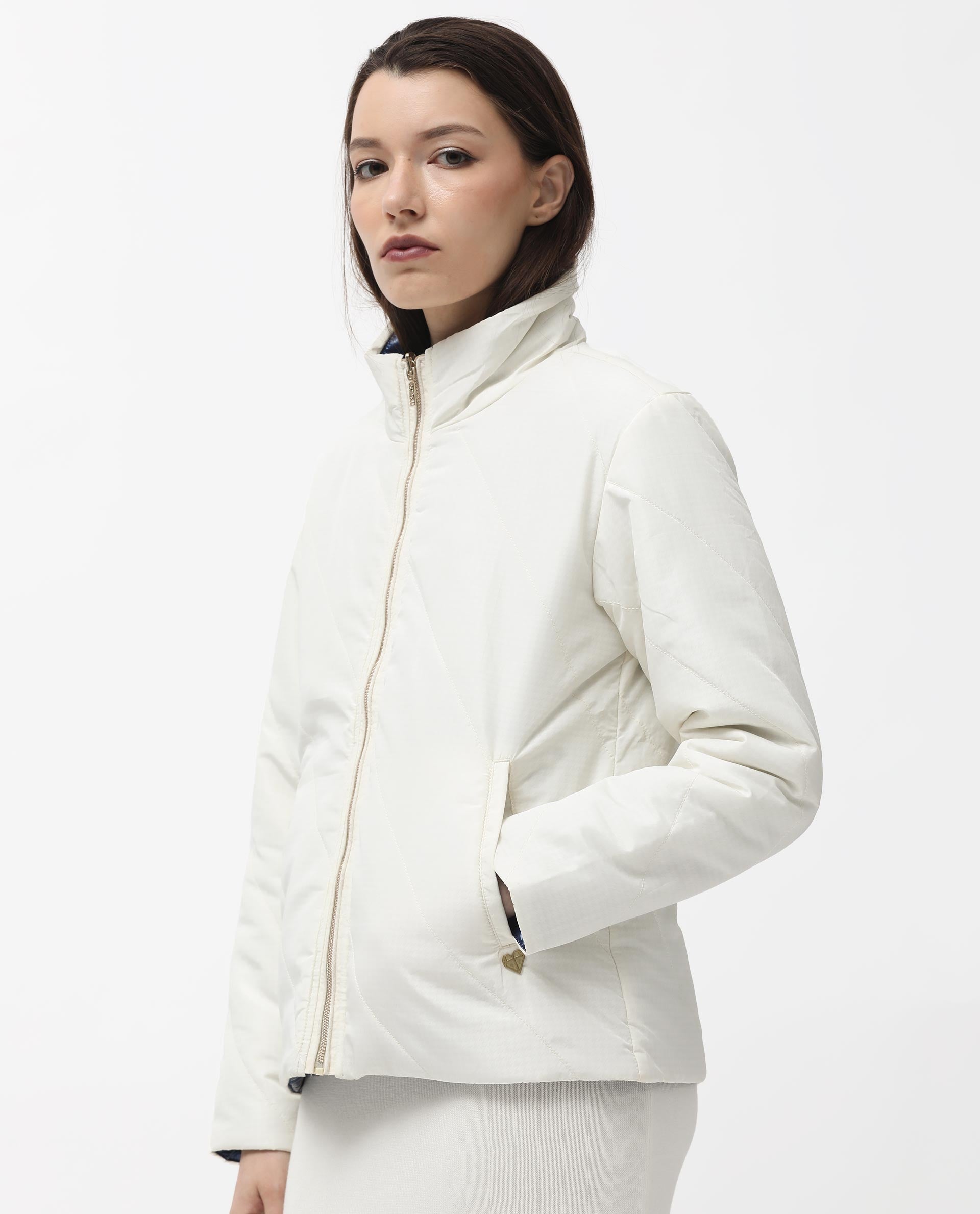 Rareism Women's Sapel Off White Polyester High Neck Plain Regular Fit Jacket