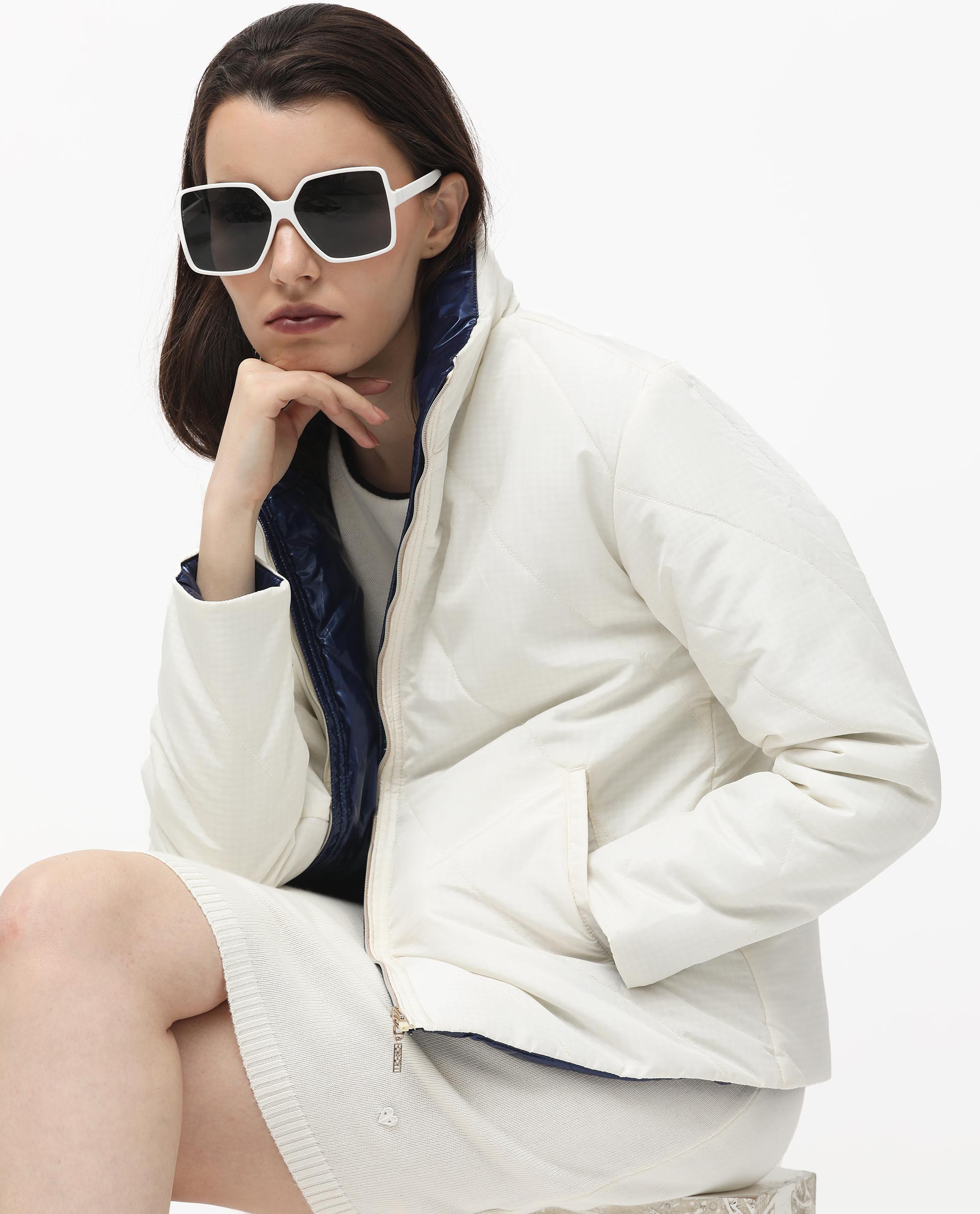 Rareism Women Sapel Off White Polyester Fabric Full Sleeves Zip Closure High Neck Regular Fit Plain Jacket