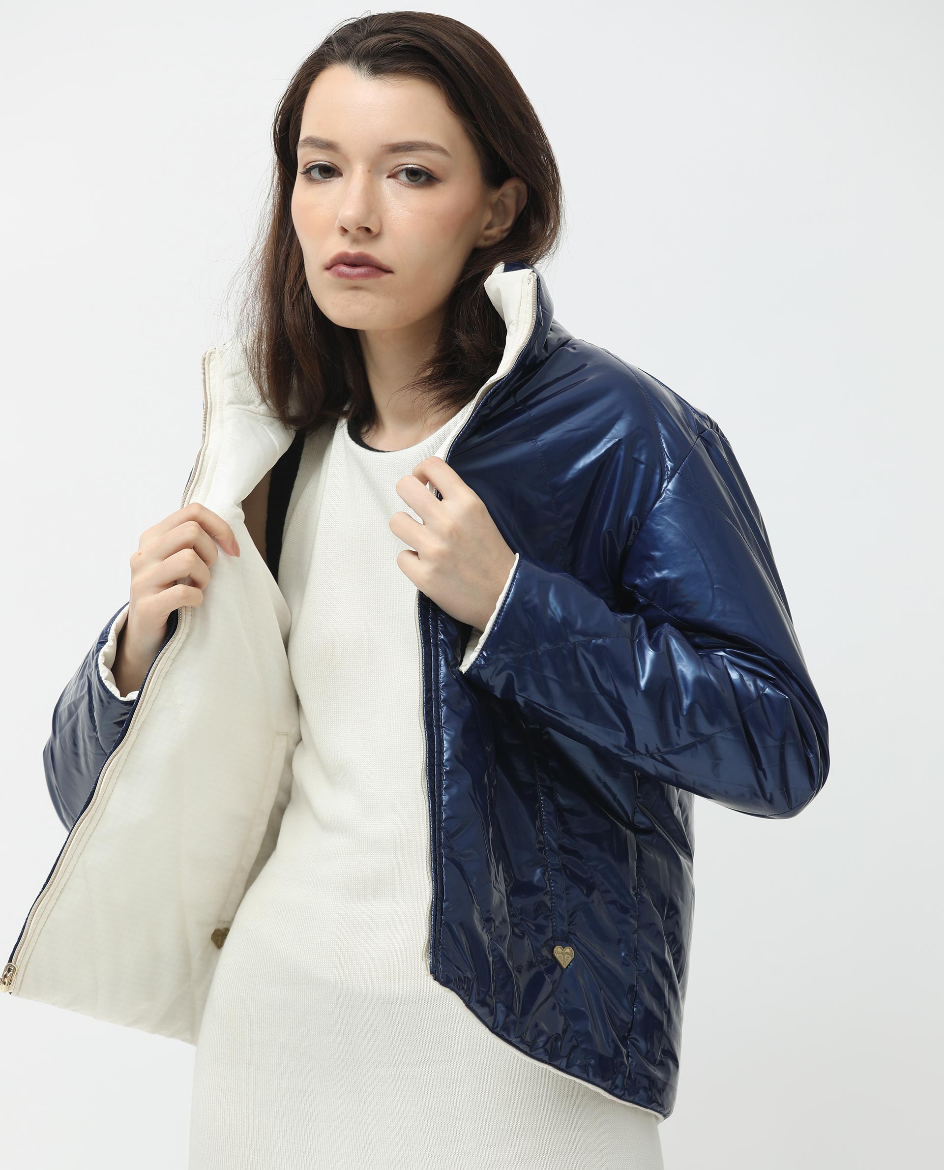 Rareism Women's Sapel Off White Polyester High Neck Plain Regular Fit Jacket