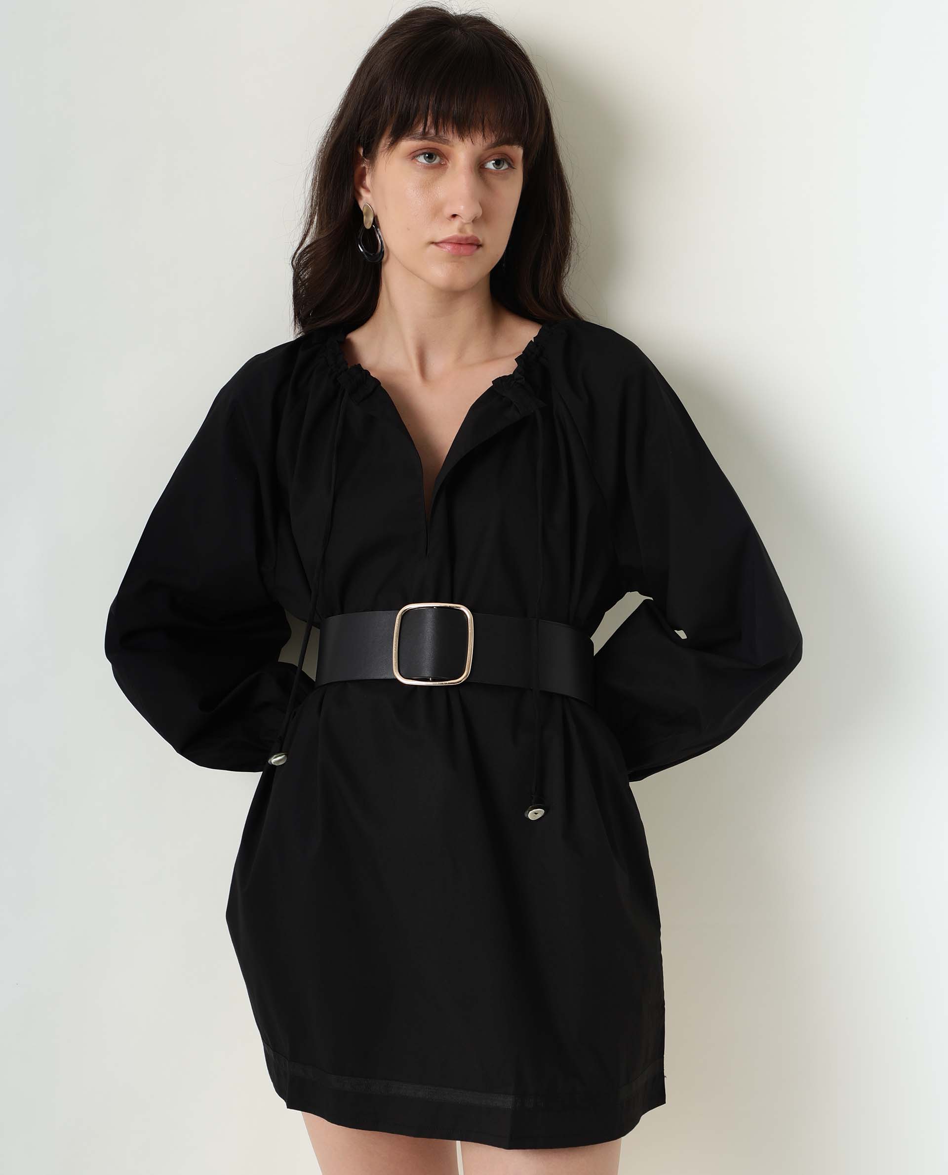 Rareism Women Sapie Black Gathered Neckline With Tie Up Full Sleeves And Pockets Mini Dress