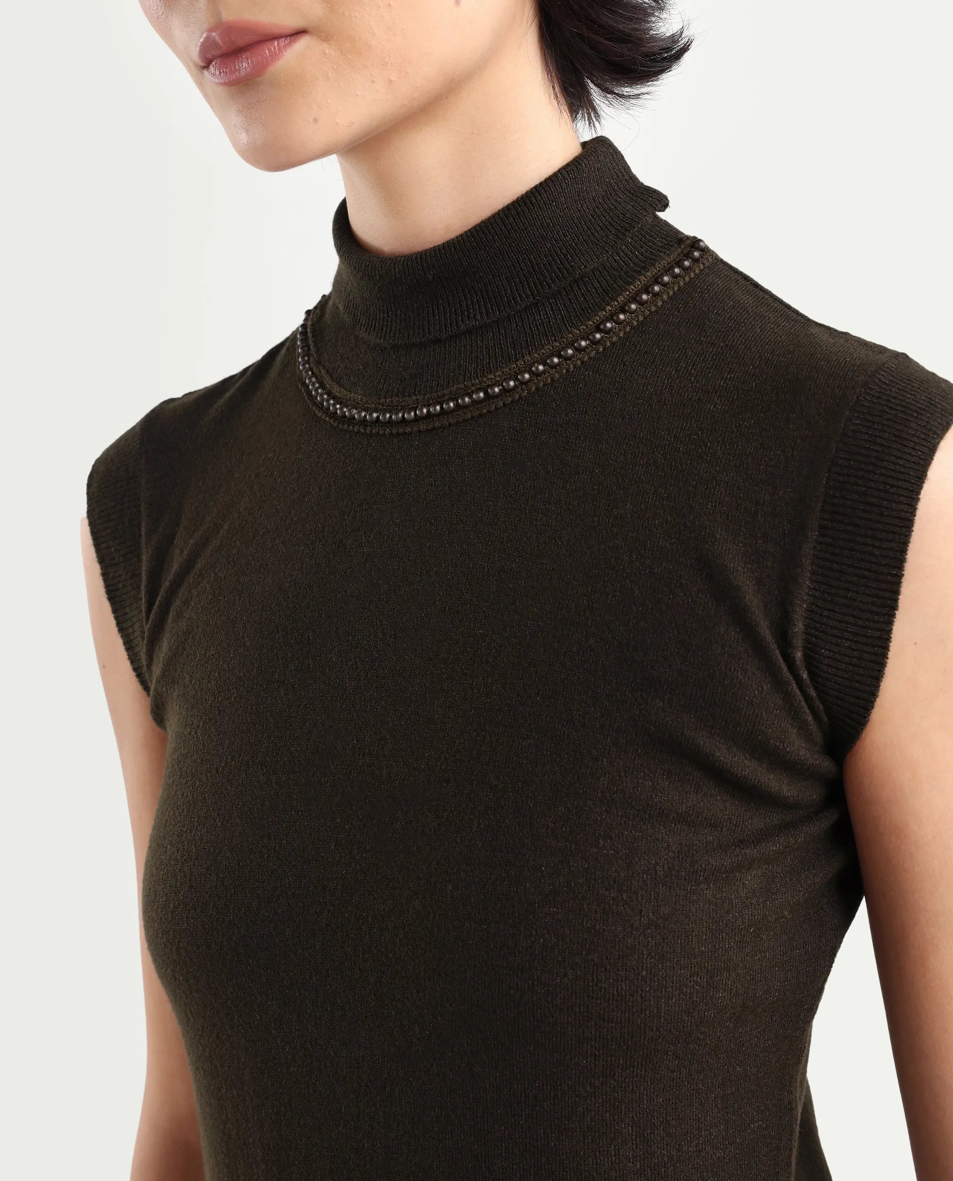Rareism Women's Sarona Dark Brown Acrylic High Neck Plain Sleeveless Regular Fit Top