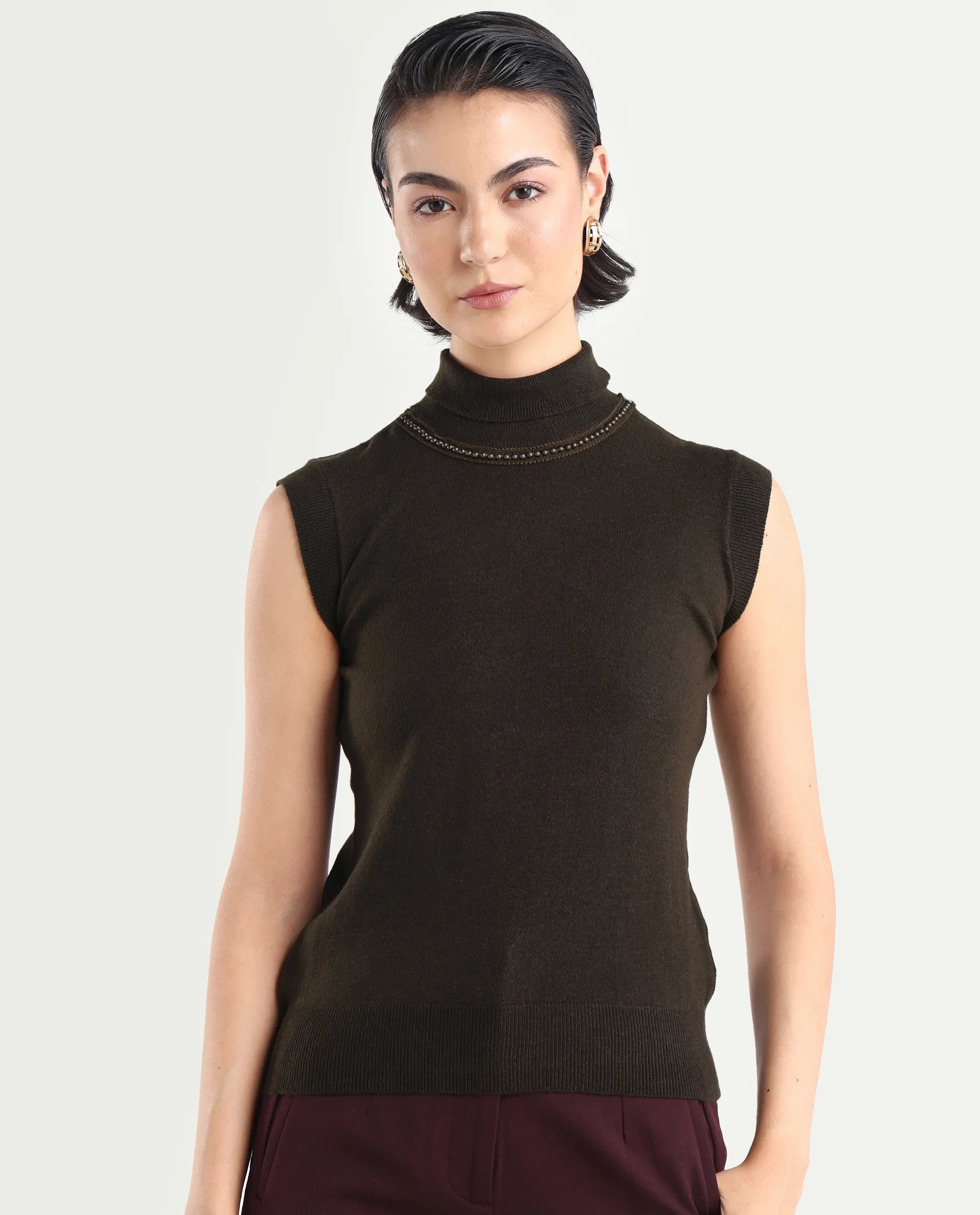 Rareism Women's Sarona Dark Brown Acrylic High Neck Plain Sleeveless Regular Fit Top
