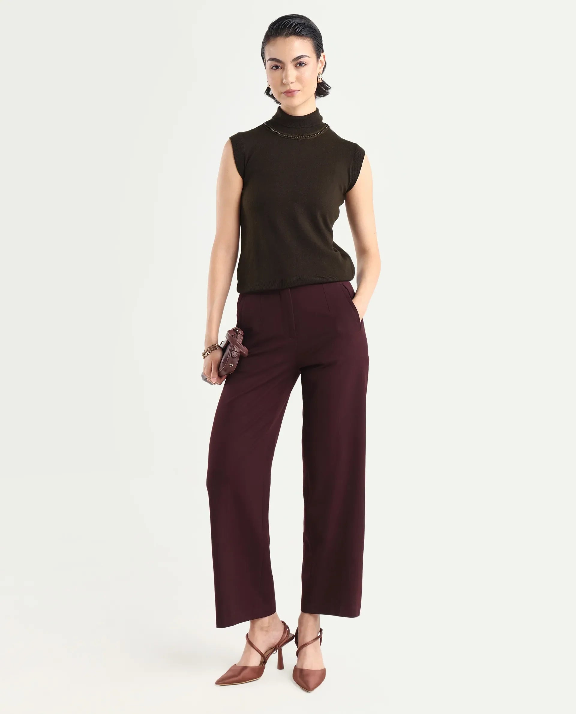 Rareism Women's Sarona Dark Brown Acrylic High Neck Plain Sleeveless Regular Fit Top