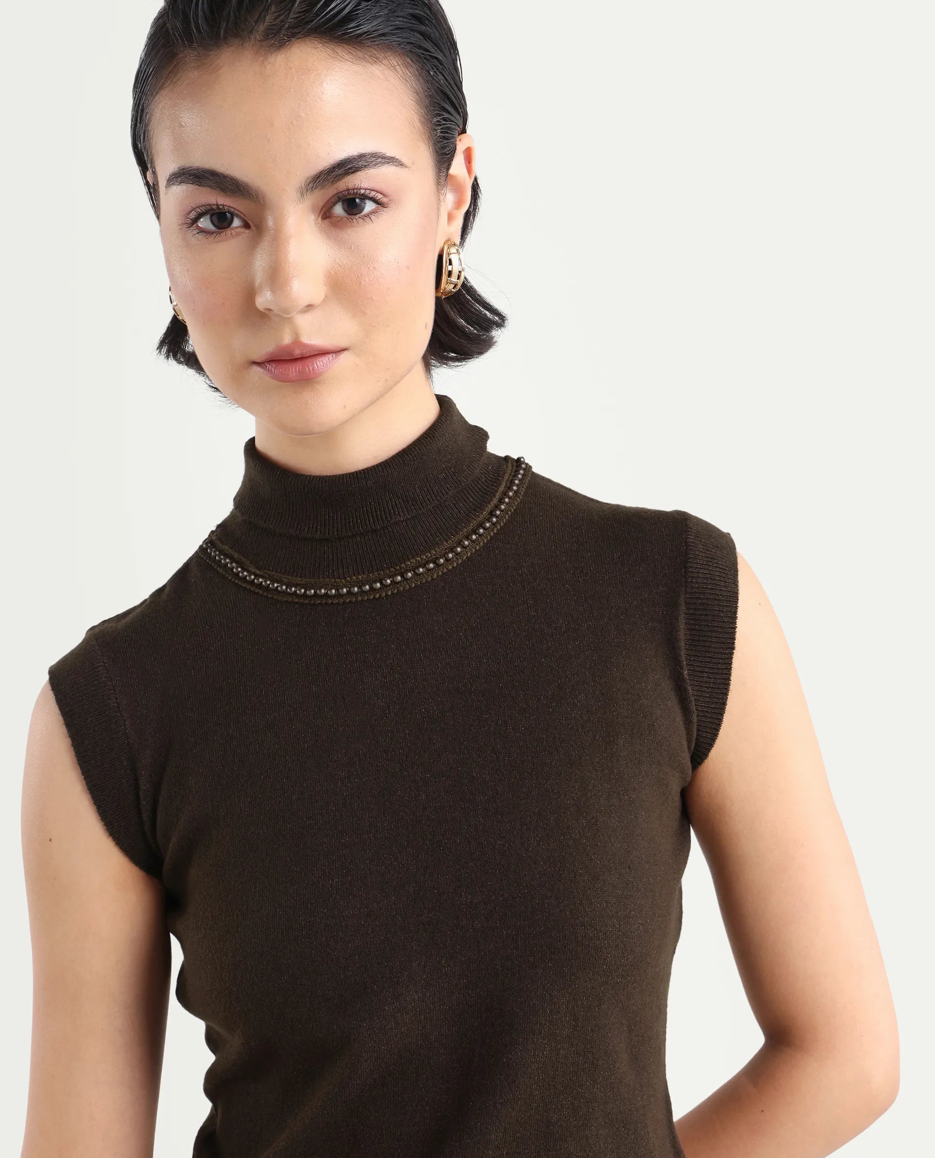 Rareism Women's Sarona Dark Brown Acrylic High Neck Plain Sleeveless Regular Fit Top
