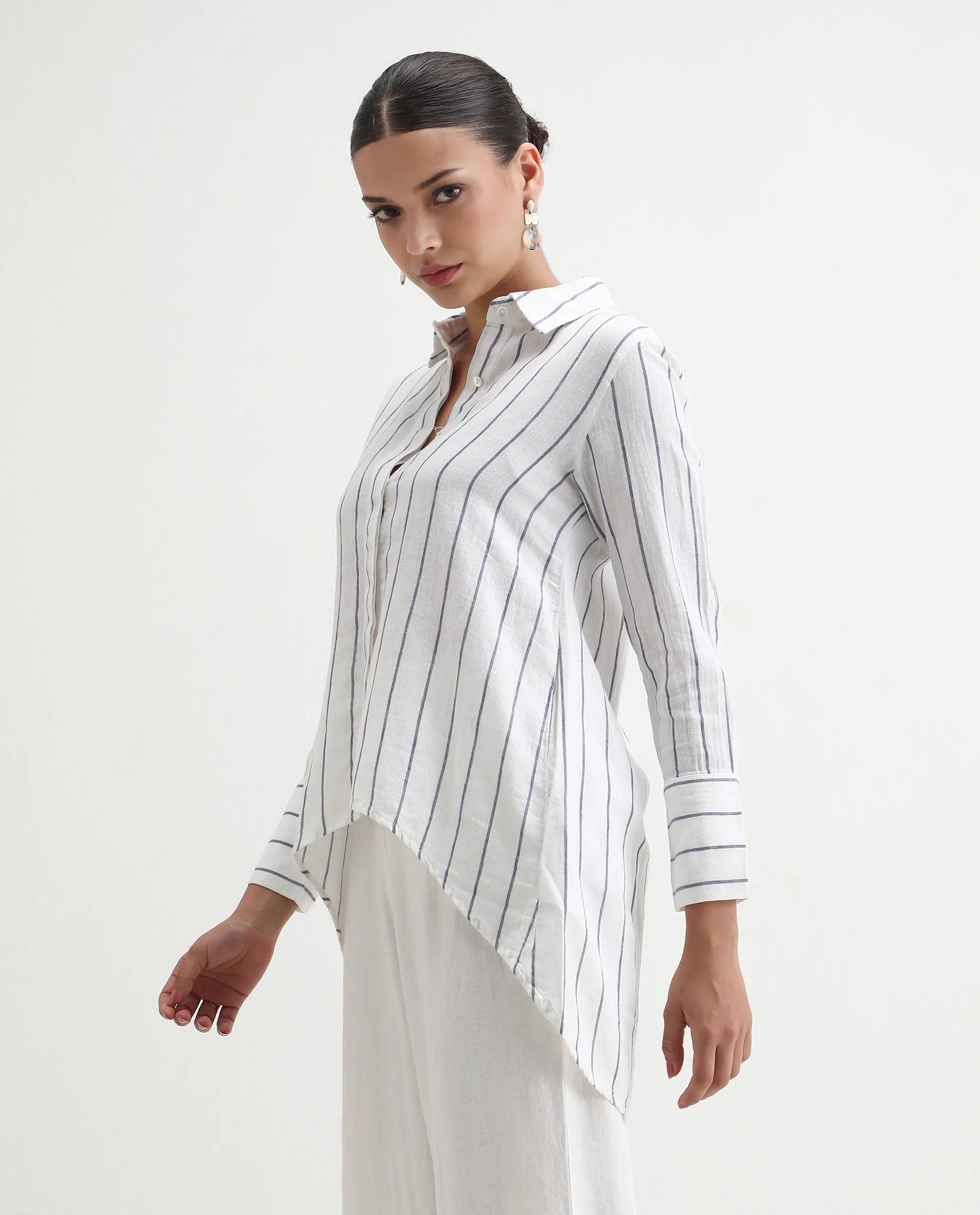 Rareism Women's Sarry Blue Linen Spread Collar Plain Regular Fit Top