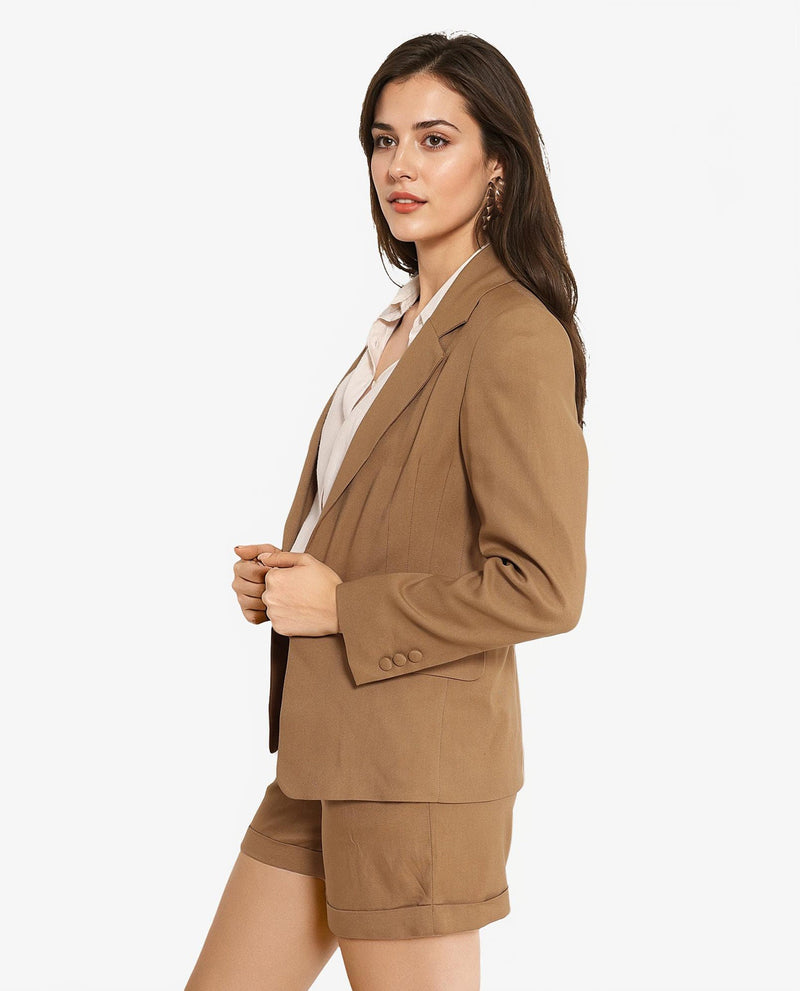 Rareism Women Sarvi Dark Khaki Full Sleeve Lapel Neck Button Plain Blazer