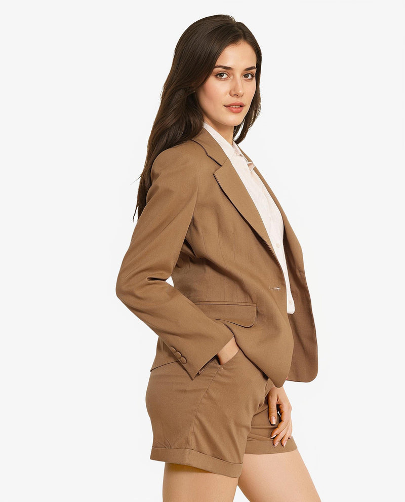 Rareism Women Sarvi Dark Khaki Full Sleeve Lapel Neck Button Plain Blazer