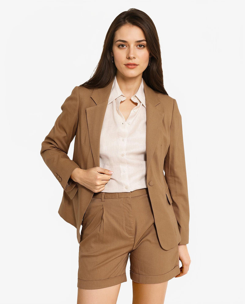 Rareism Women Sarvi Dark Khaki Full Sleeve Lapel Neck Button Plain Blazer