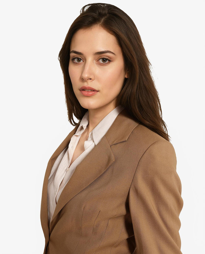 Rareism Women Sarvi Dark Khaki Full Sleeve Lapel Neck Button Plain Blazer