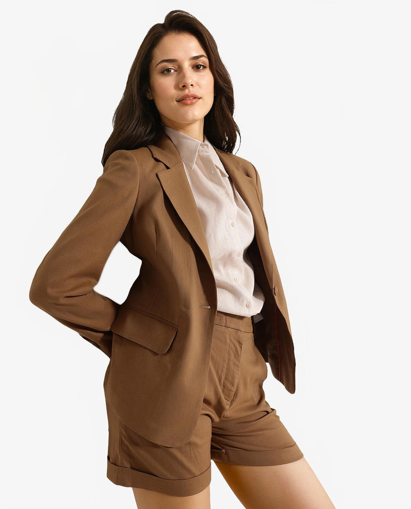 Rareism Women Sarvi Dark Khaki Full Sleeve Lapel Neck Button Plain Blazer