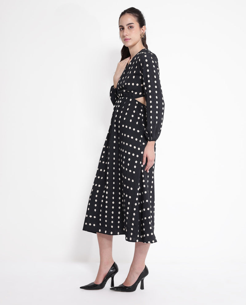 Rareism Women Sassari Black Bishop Sleeve V-Neck Tie Up A-Line Polka Print Maxi Dress