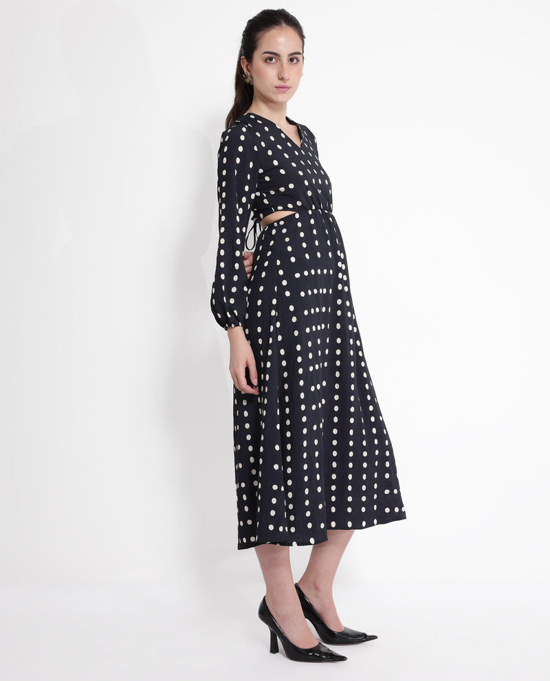 Rareism Women Sassari Black Bishop Sleeve V-Neck Tie Up A-Line Polka Print Maxi Dress