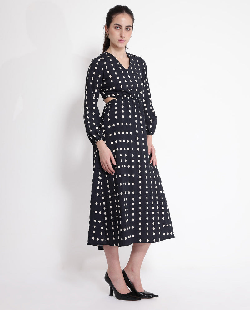 Rareism Women Sassari Black Bishop Sleeve V-Neck Tie Up A-Line Polka Print Maxi Dress