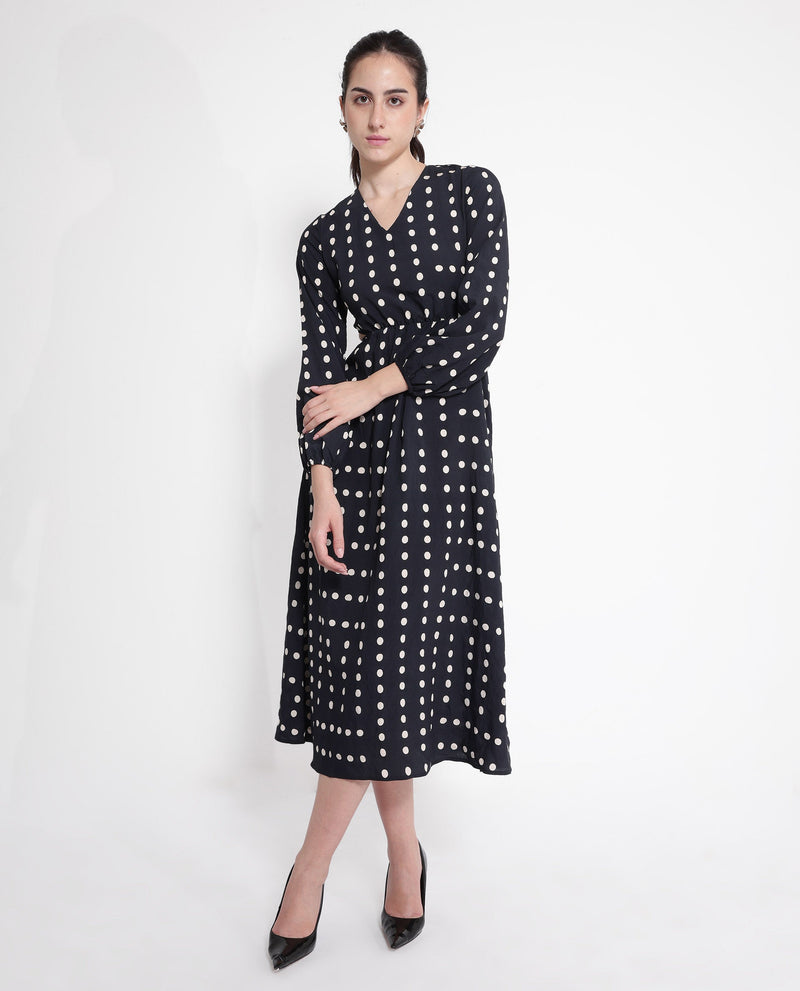 Rareism Women Sassari Black Bishop Sleeve V-Neck Tie Up A-Line Polka Print Maxi Dress