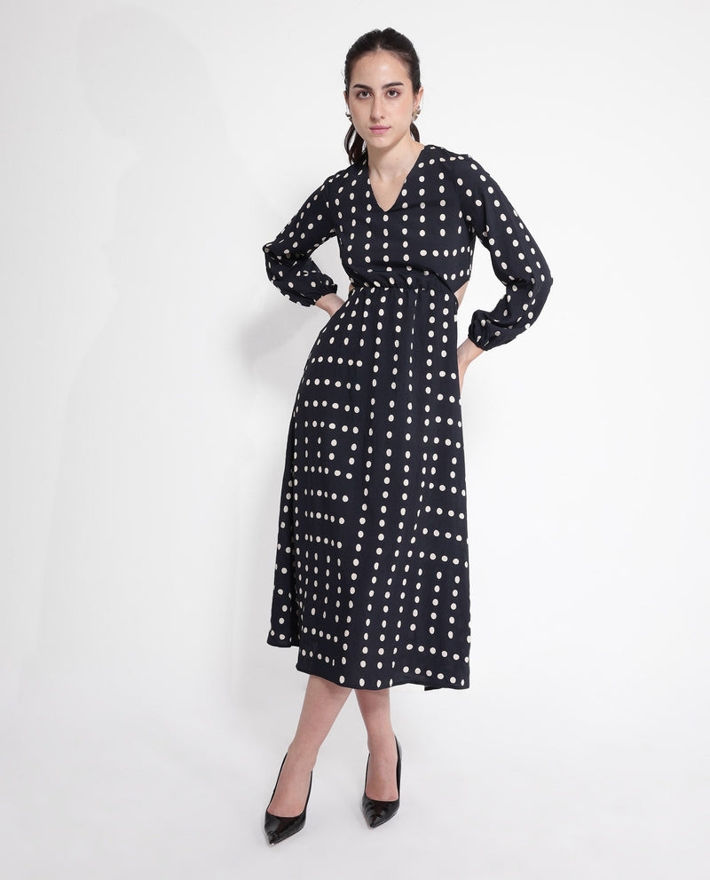 Rareism Women Sassari Black Bishop Sleeve V-Neck Tie Up A-Line Polka Print Maxi Dress