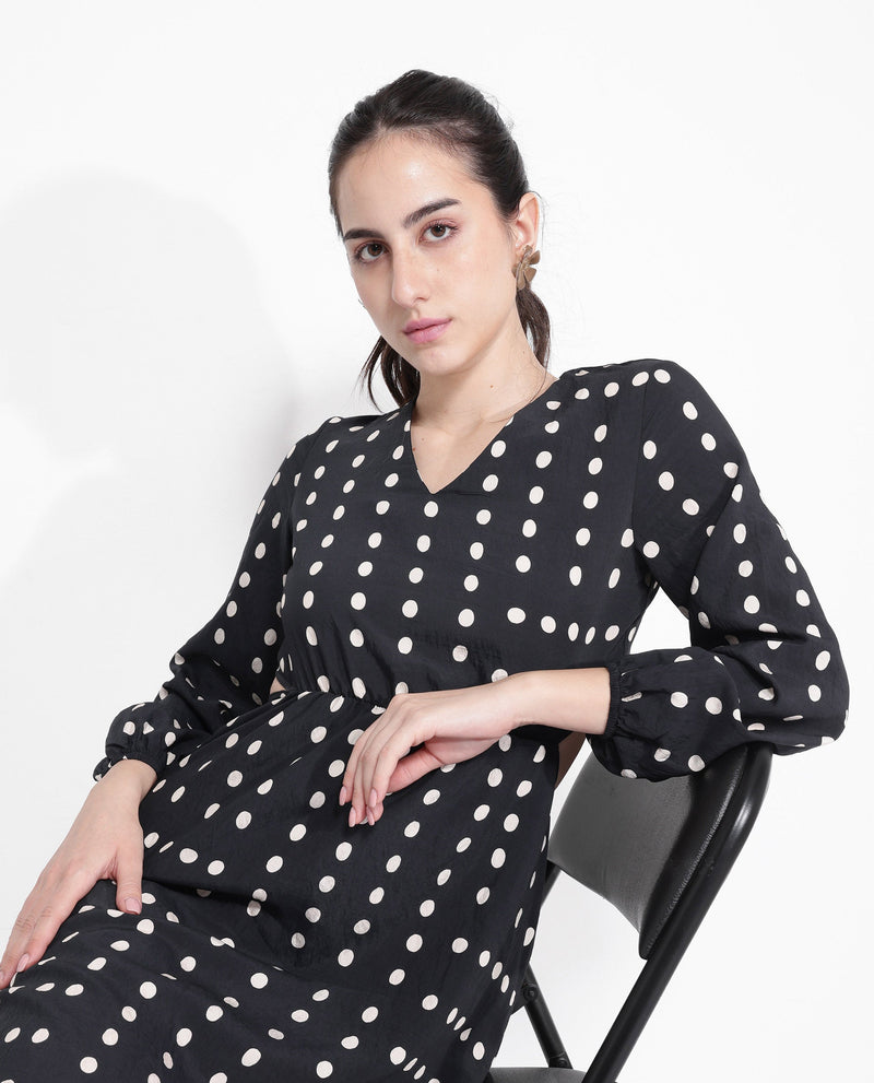 Rareism Women Sassari Black Bishop Sleeve V-Neck Tie Up A-Line Polka Print Maxi Dress