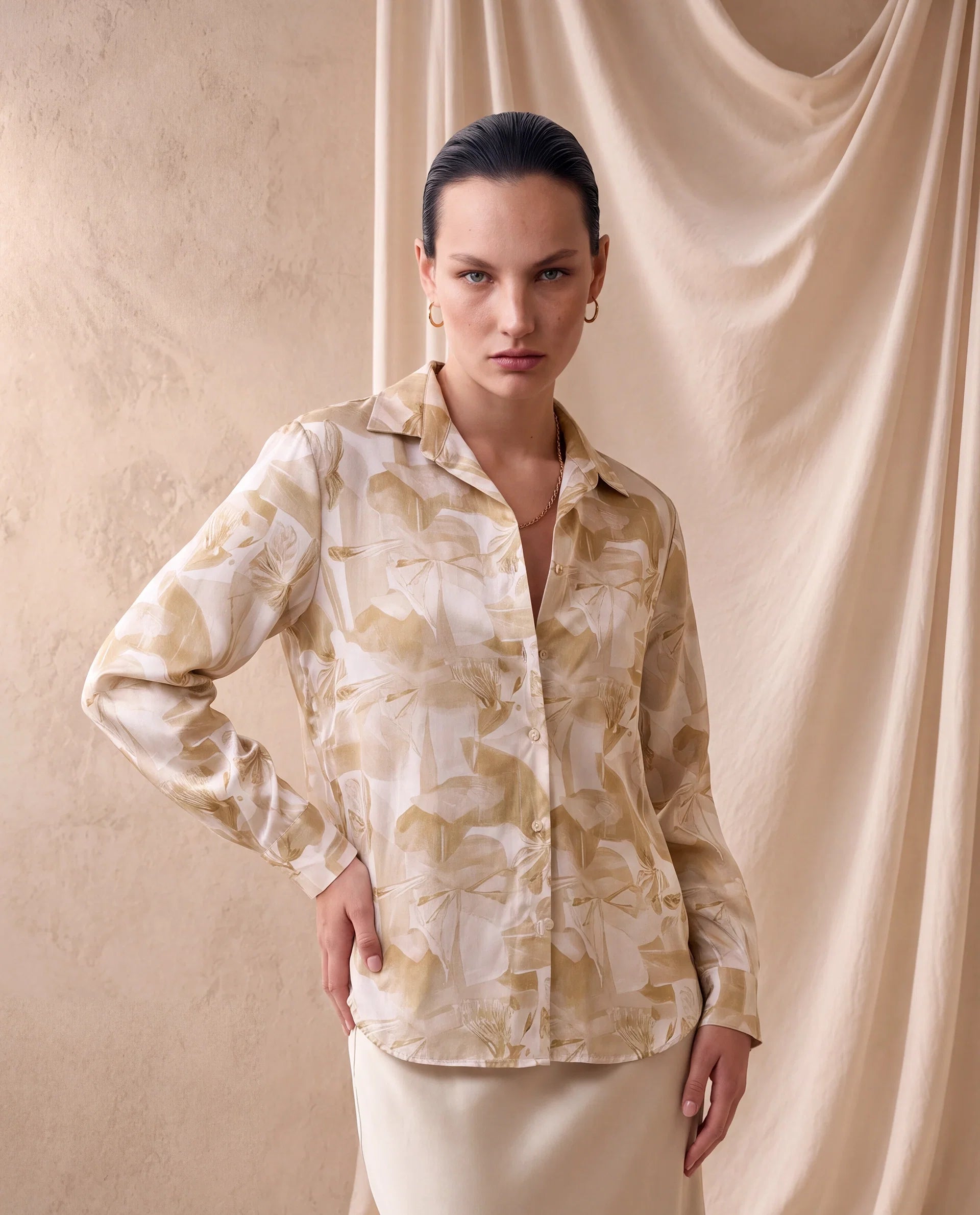 Rareism Women's Satino Beige Abstract Satin Regular Long Sleeve Shirt