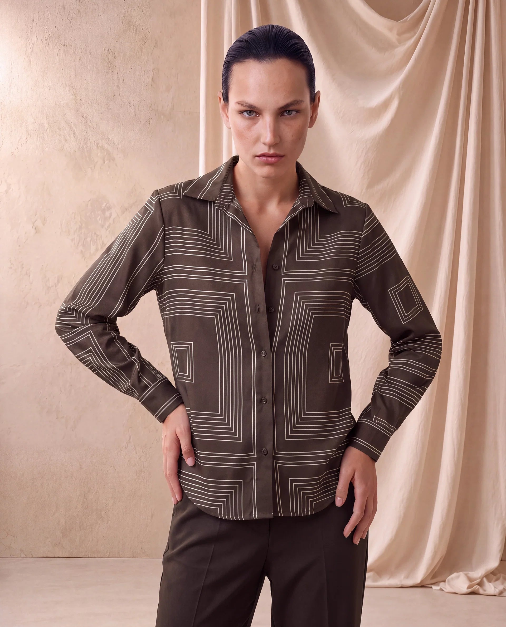 Rareism Women's Satino Brown Abstract Polyester Regular Long Sleeves Shirt