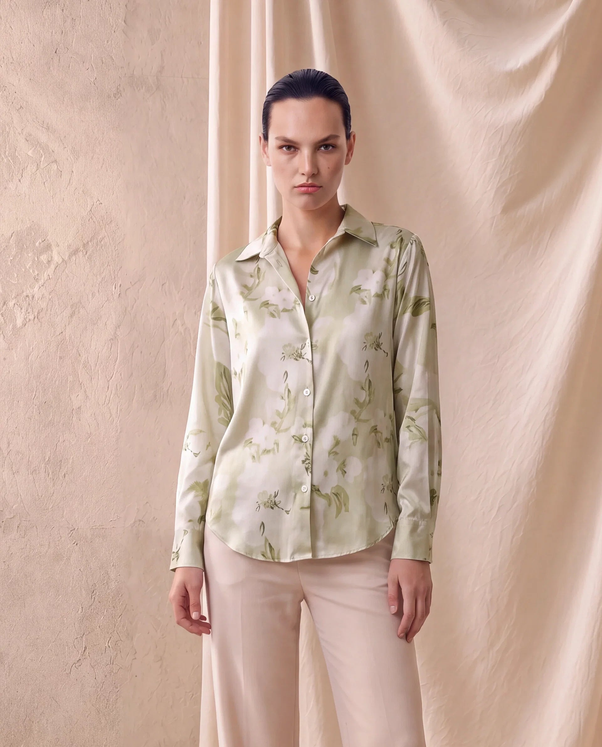 Rareism Women's Satino Light Green Abstract Polyester Regular Long Sleeves Shirt