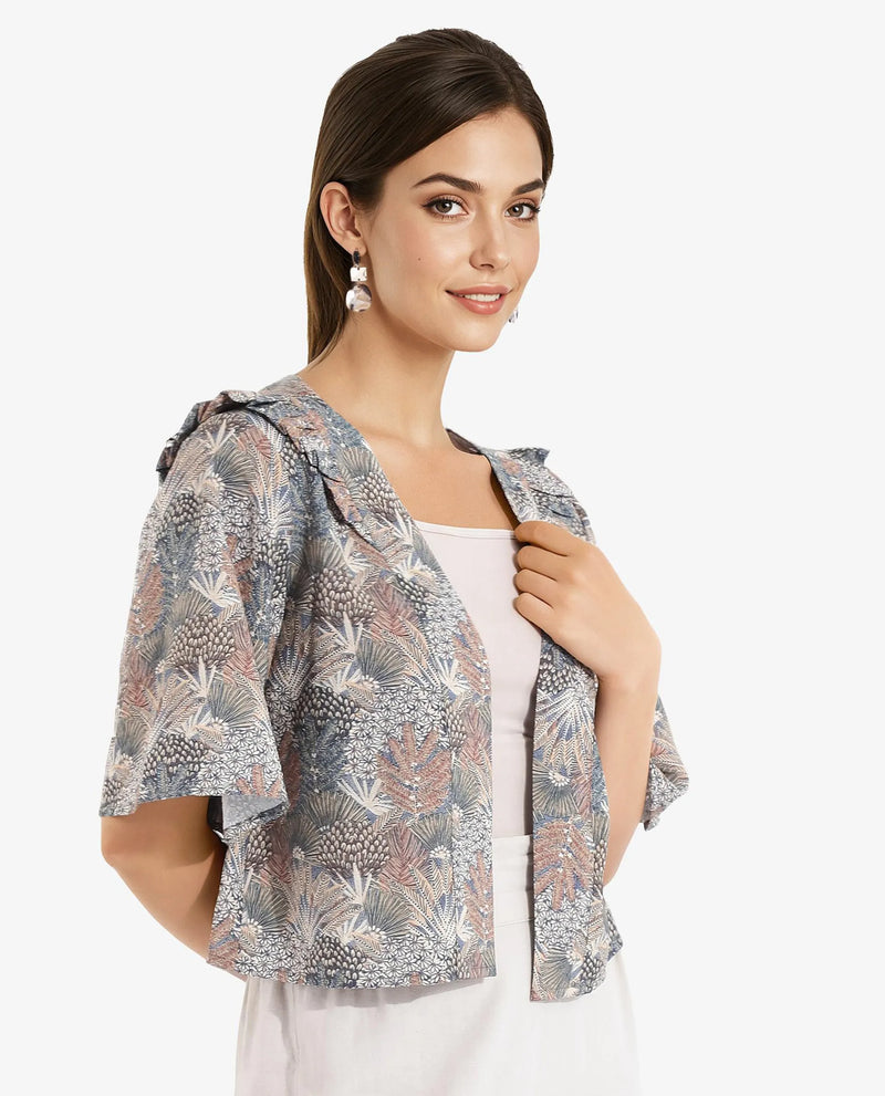 Rareism Women Savri Dark Multi Shawl Neck Relaxed Fit Botanical Print Shrug