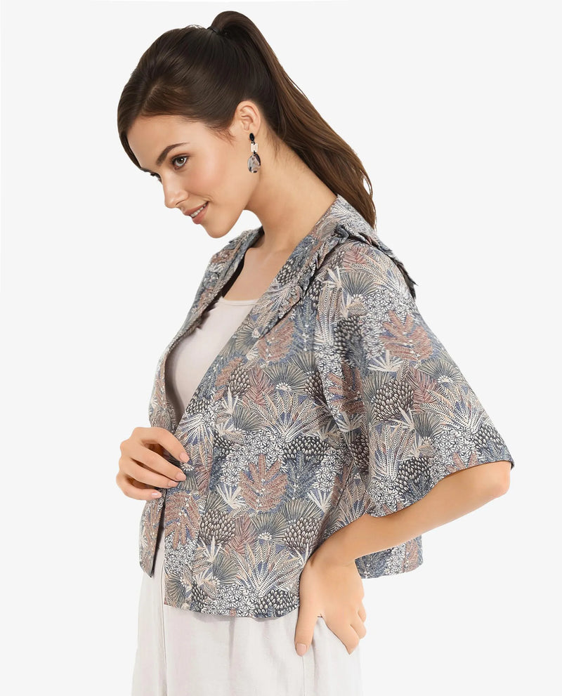 Rareism Women Savri Dark Multi Shawl Neck Relaxed Fit Botanical Print Shrug