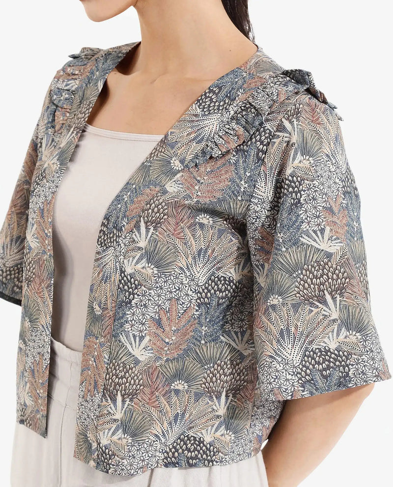 Rareism Women Savri Dark Multi Shawl Neck Relaxed Fit Botanical Print Shrug