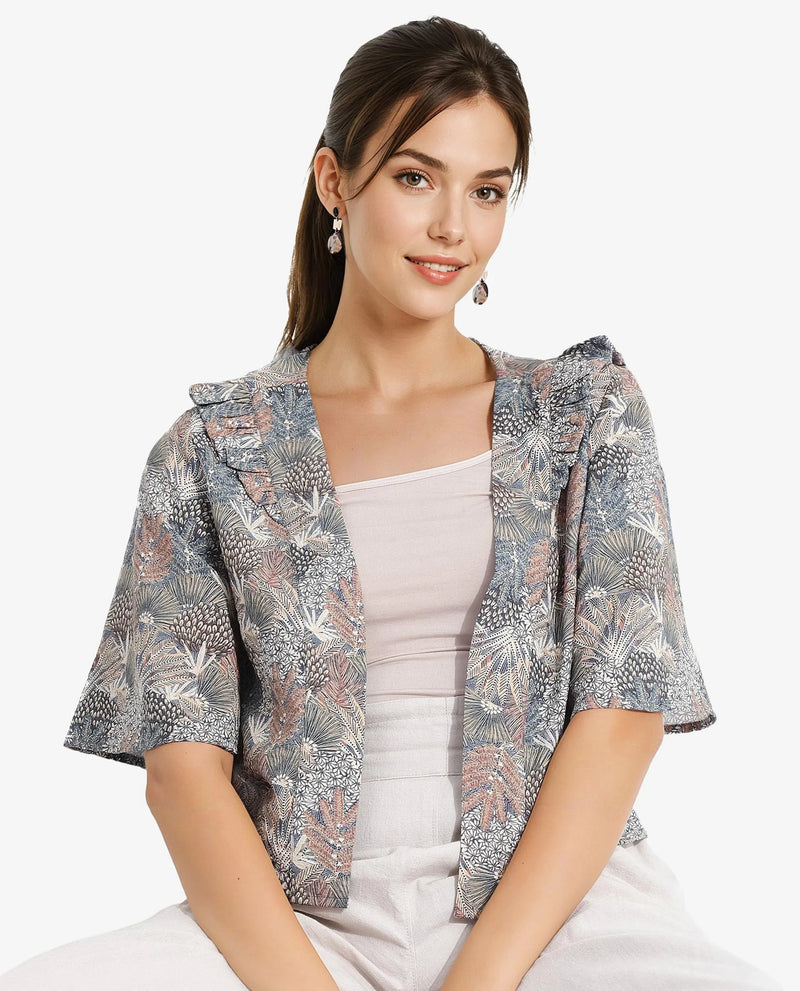 Rareism Women Savri Dark Multi Shawl Neck Relaxed Fit Botanical Print Shrug