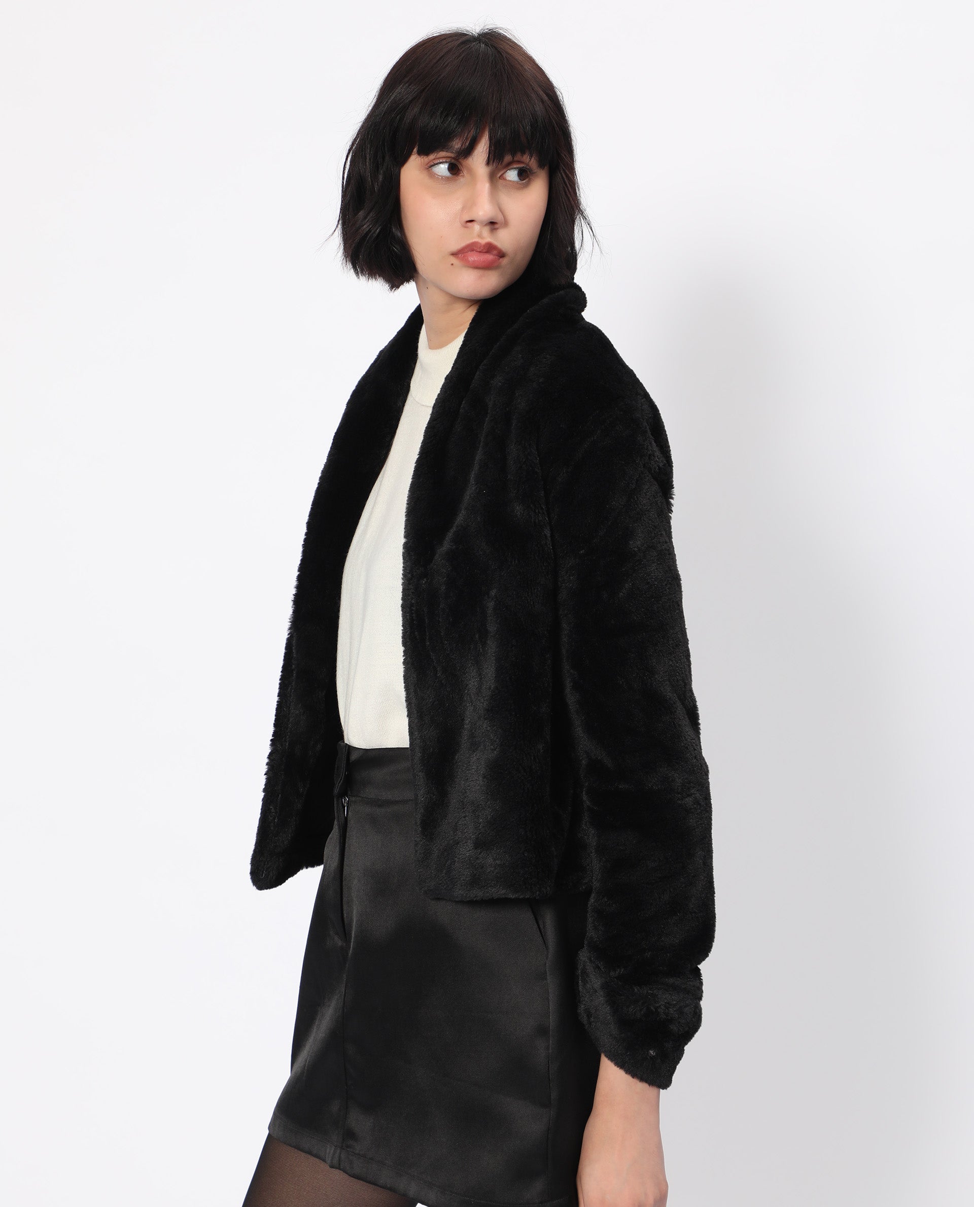 Rareism Women's Schella Black Polyester High Neck Plain Regular Fit Jacket