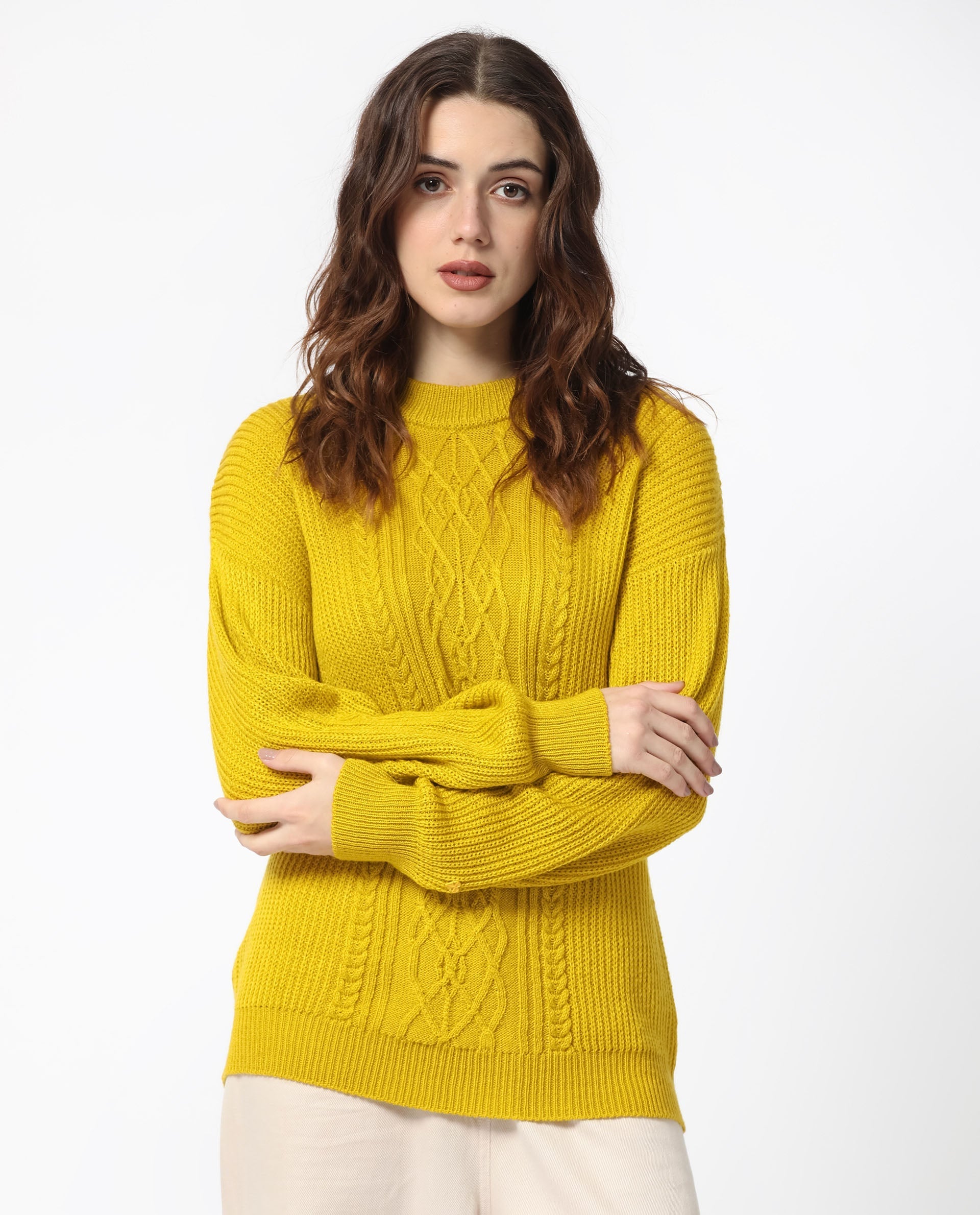 Rareism Women Schitt Mustard Acrylic Fabric Full Sleeves High Neck Relaxed Fit Plain Sweater