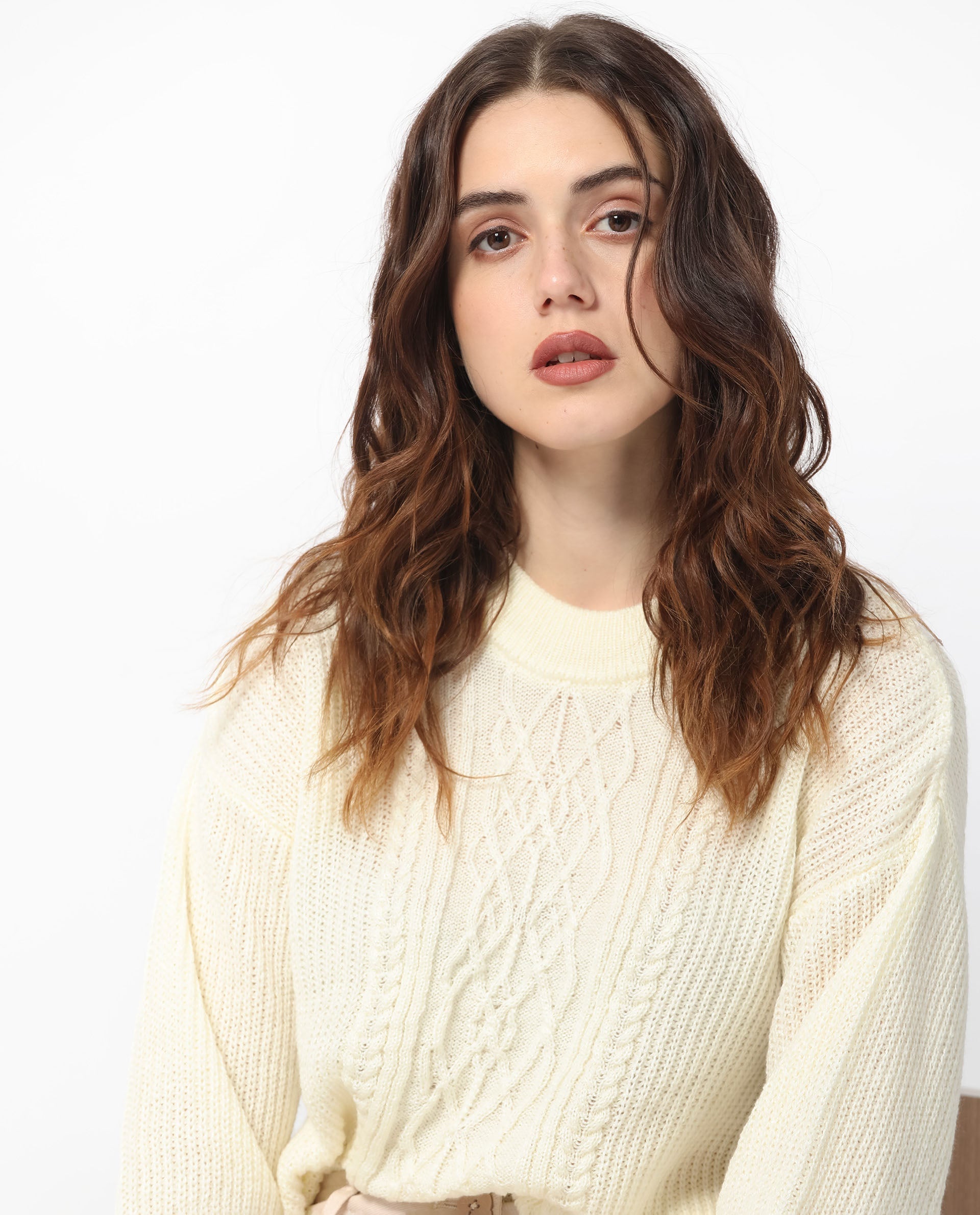 Rareism Women's Schitt Off White Acrylic High Neck Plain Relaxed Fit Sweater