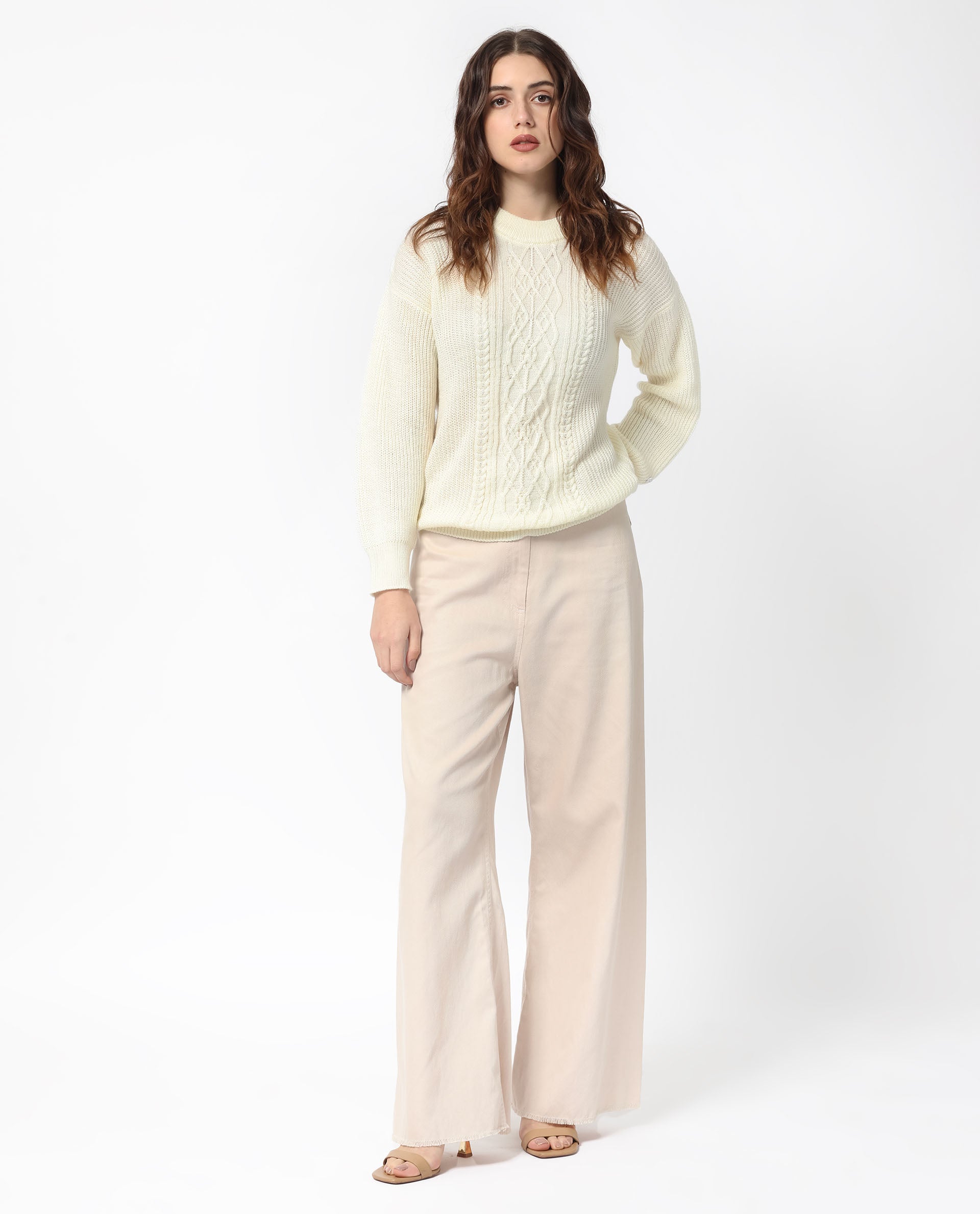 Rareism Women Schitt Off White Acrylic Fabric Full Sleeves Relaxed Fit Solid High Neck Sweater