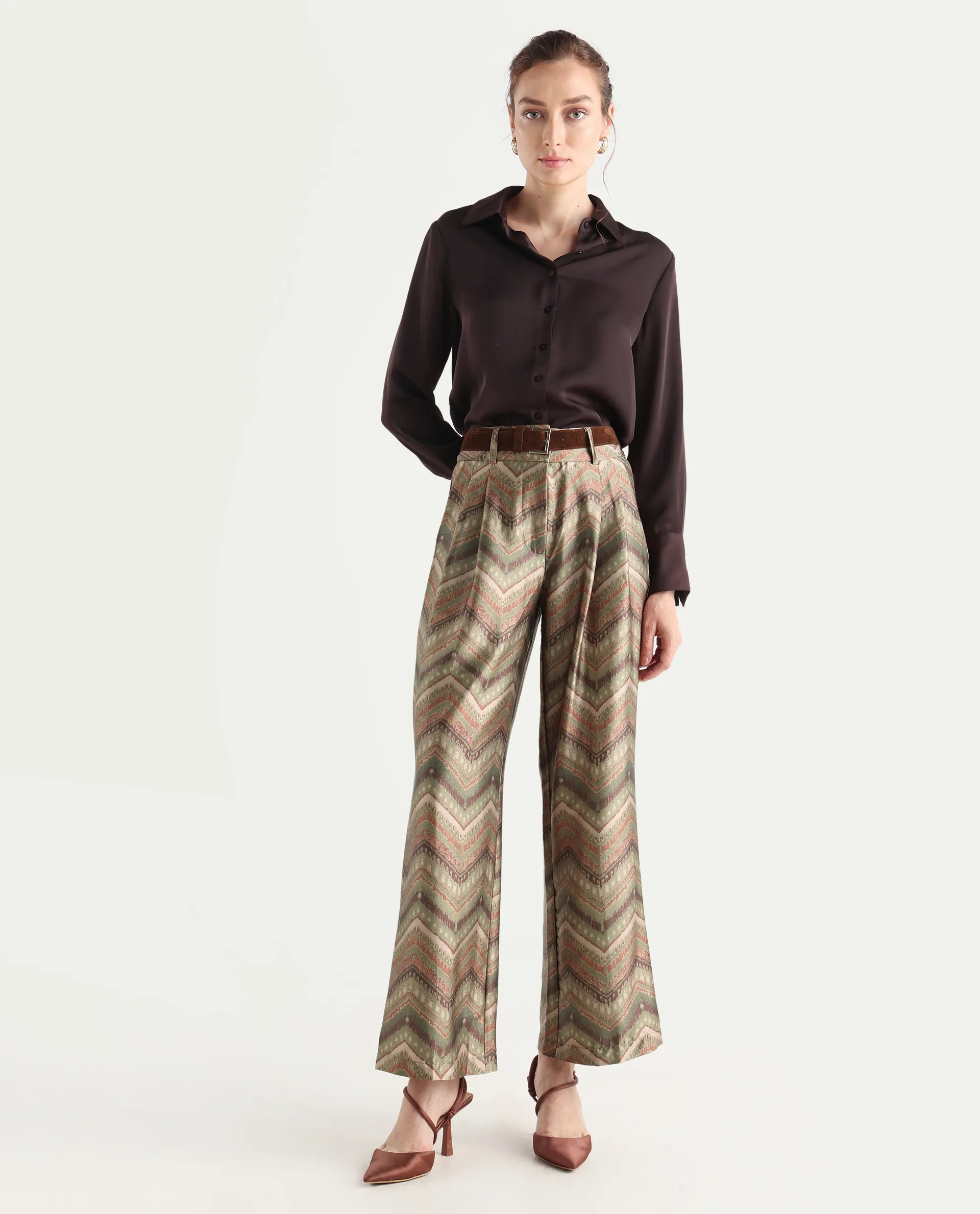 Rareism Women's Scilla Multi Polyester Geometric Print Ankle Length Wide Trouser