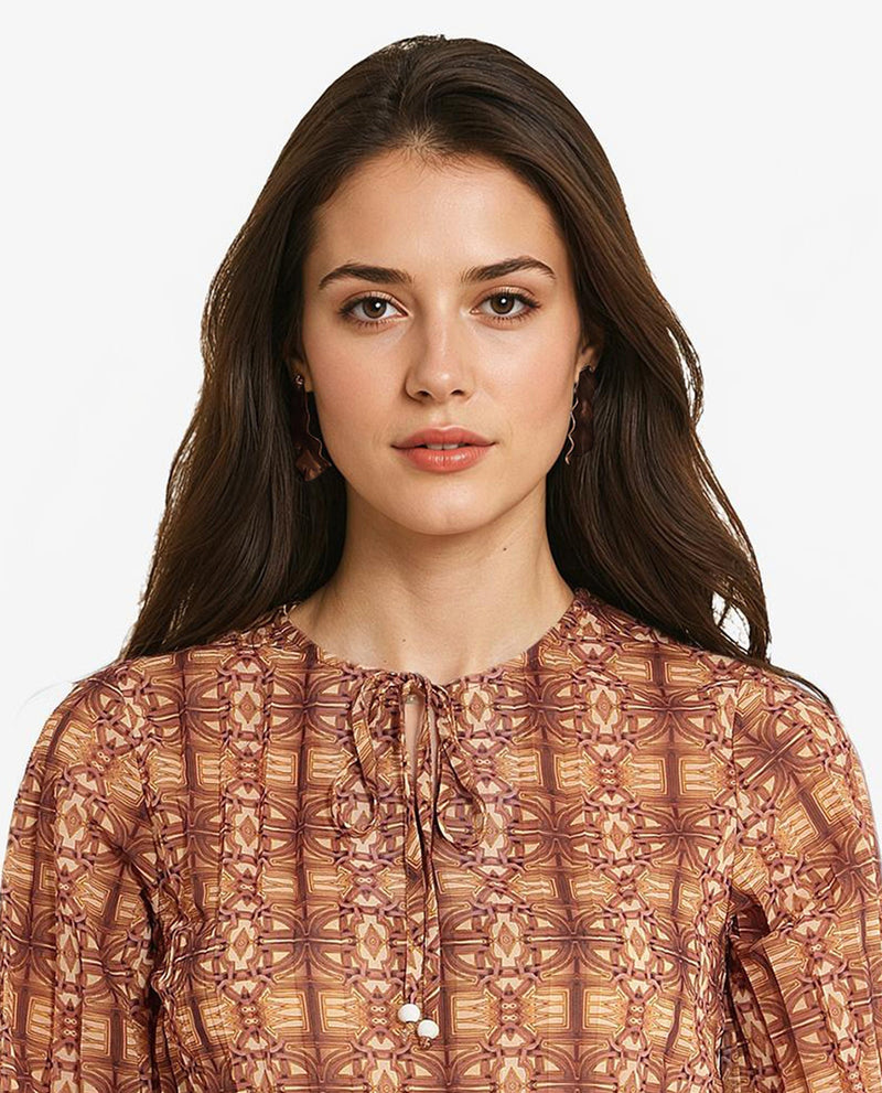 Rareism Women Scoob Brown 3/4Th Sleeve Tie-Up Neck Tie Up Closure Relaxed Fit Abstract Print Top