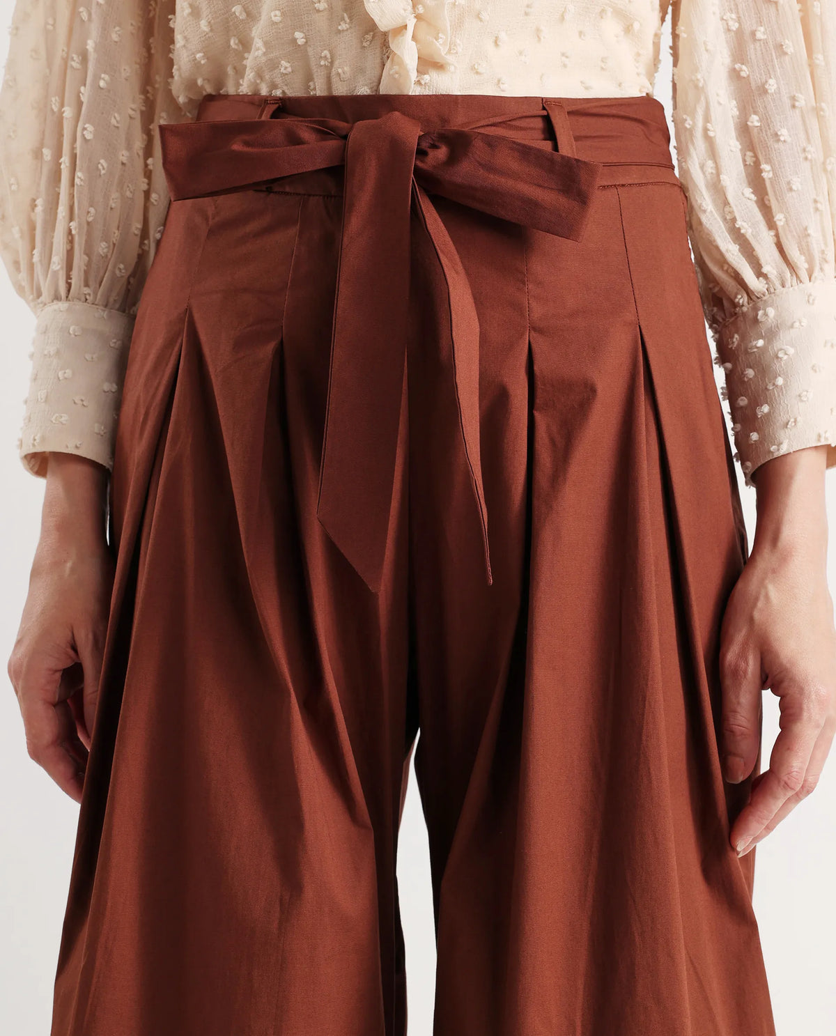Rareism Women's Sebern Brown Cotton Blend Plain Ankle Length Flared Trouser