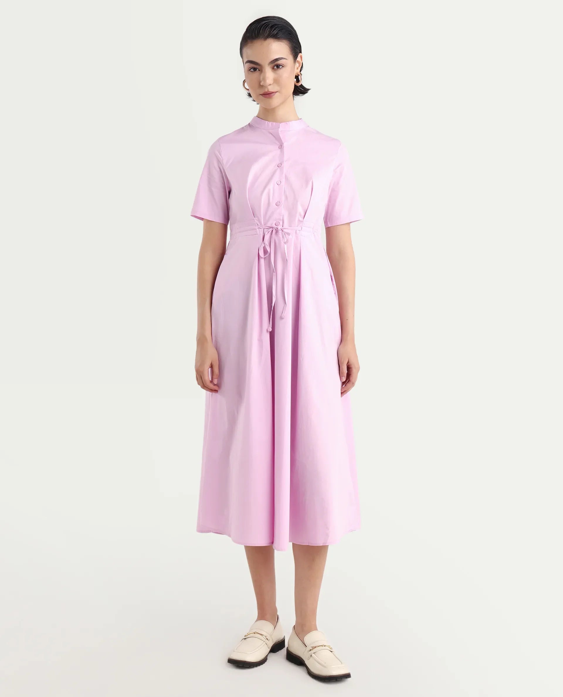 Rareism Women's Sede Pink Cotton Blend Mandarin Collar Plain Midi Flared Dress