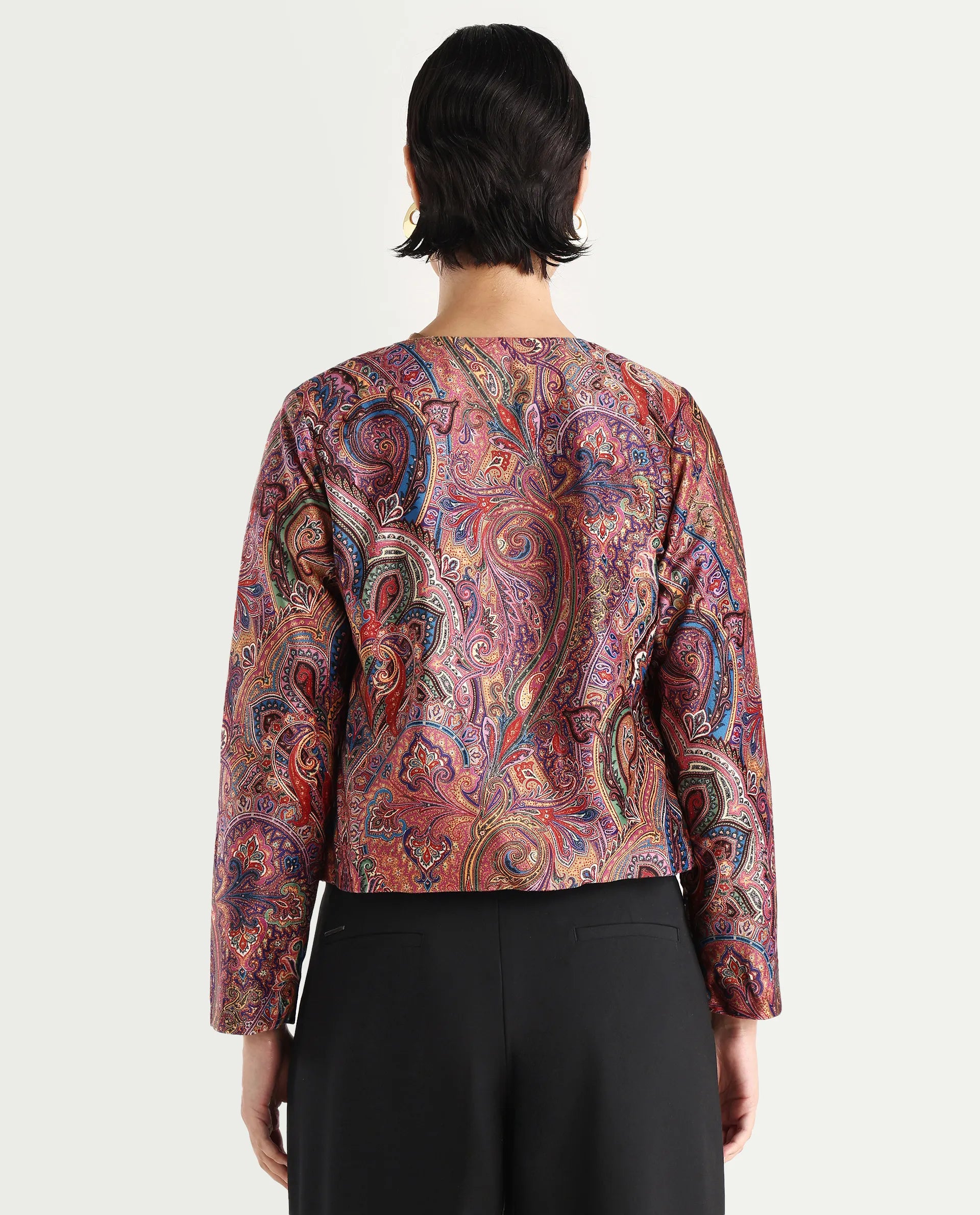 Rareism Women's Sedfer Multi Velvet Collarless Paisley Print Regular Fit Jacket