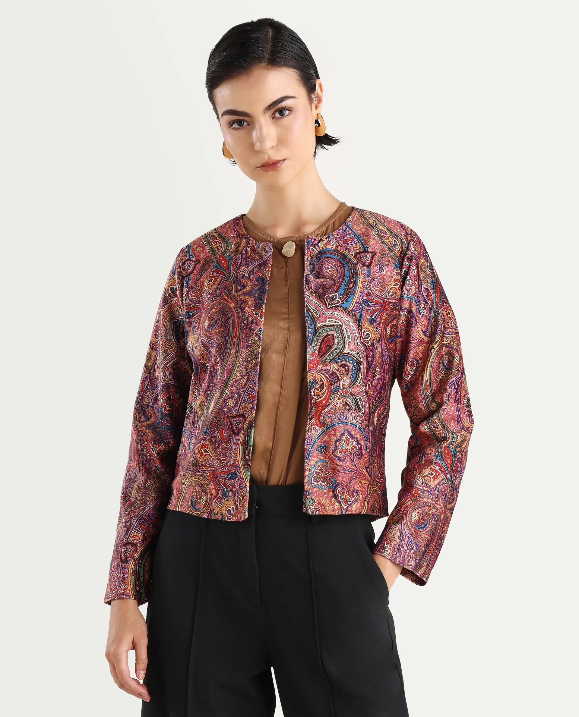 Rareism Women's Sedfer Multi Velvet Collarless Paisley Print Regular Fit Jacket
