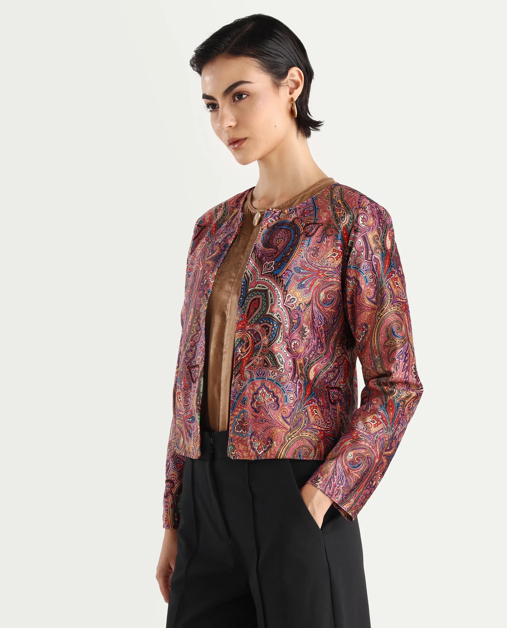 Rareism Women's Sedfer Multi Velvet Collarless Paisley Print Regular Fit Jacket