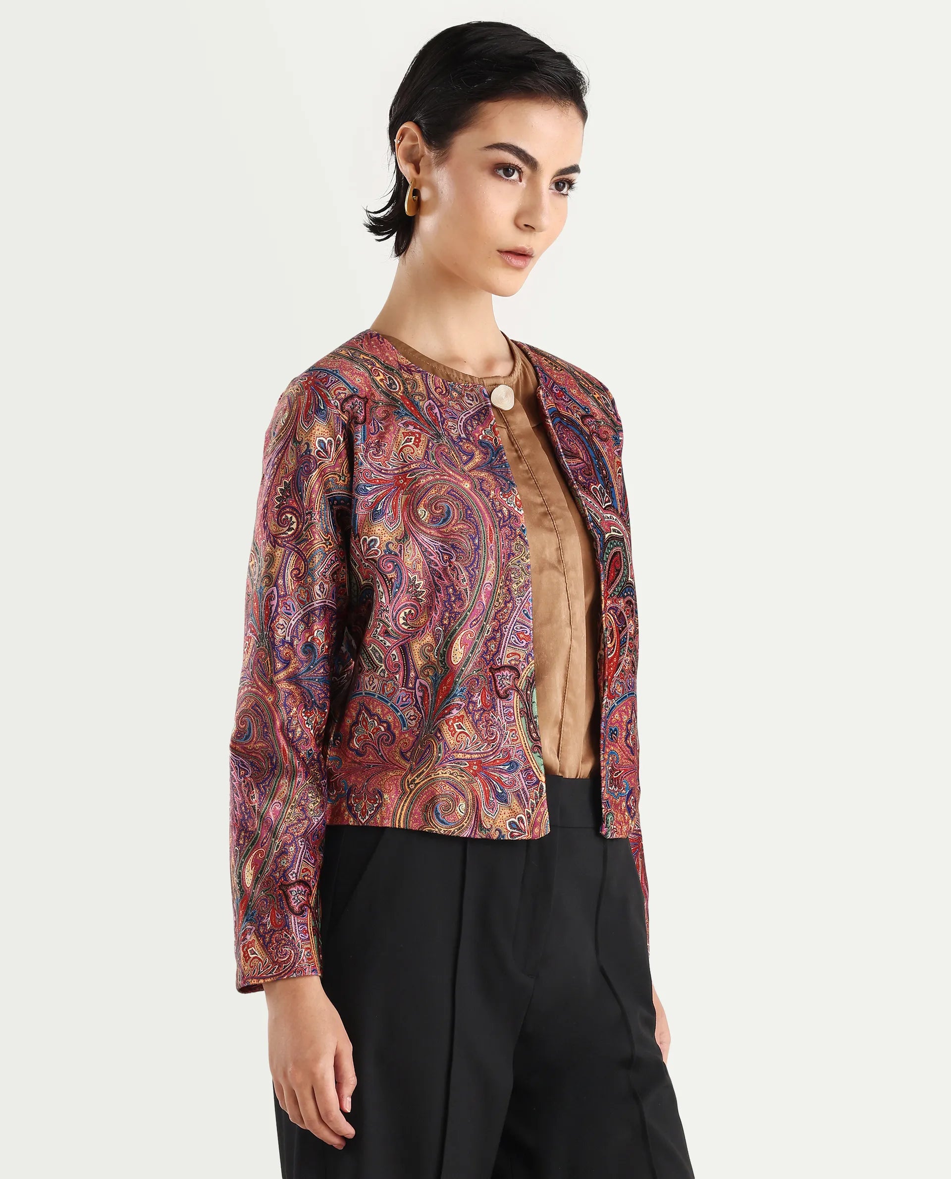 Rareism Women's Sedfer Multi Velvet Collarless Paisley Print Regular Fit Jacket