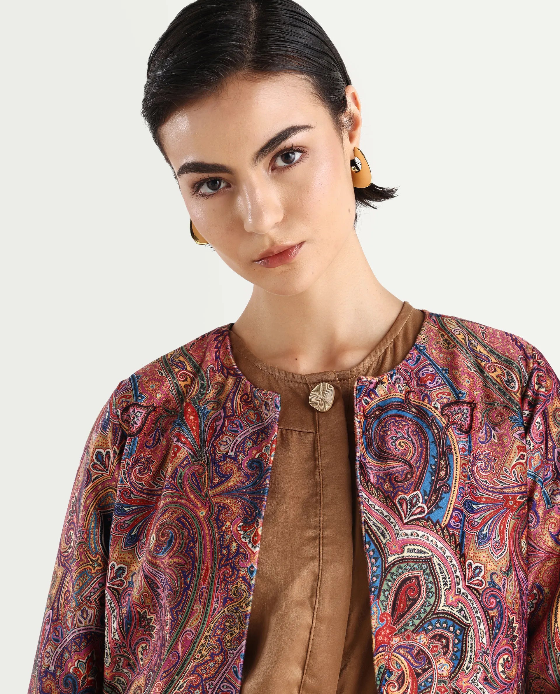 Rareism Women's Sedfer Multi Velvet Collarless Paisley Print Regular Fit Jacket