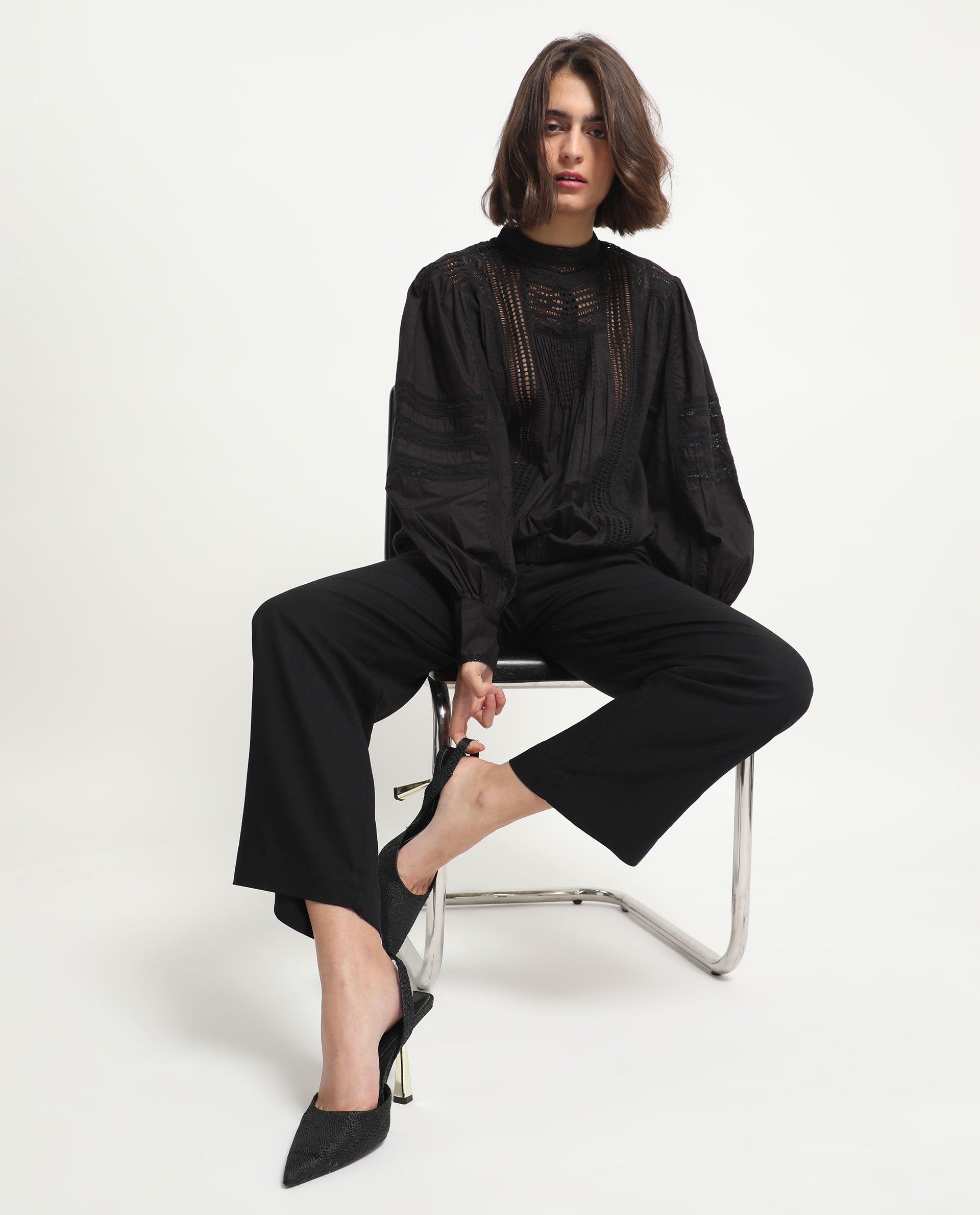 Rareism Women's Schwan Black Cotton High Neck Plain Balloon Sleeve Regular Fit Top