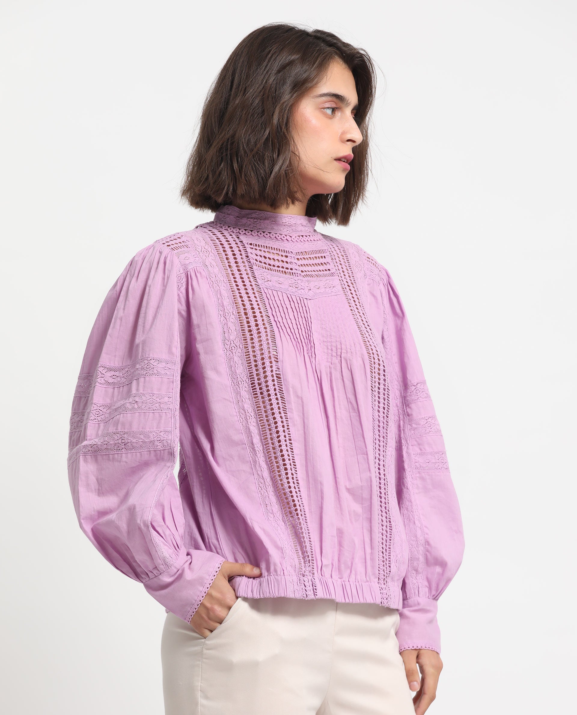 Rareism Women's Schwan Light Purple Cotton High Neck Plain Balloon Sleeve Regular Fit Top