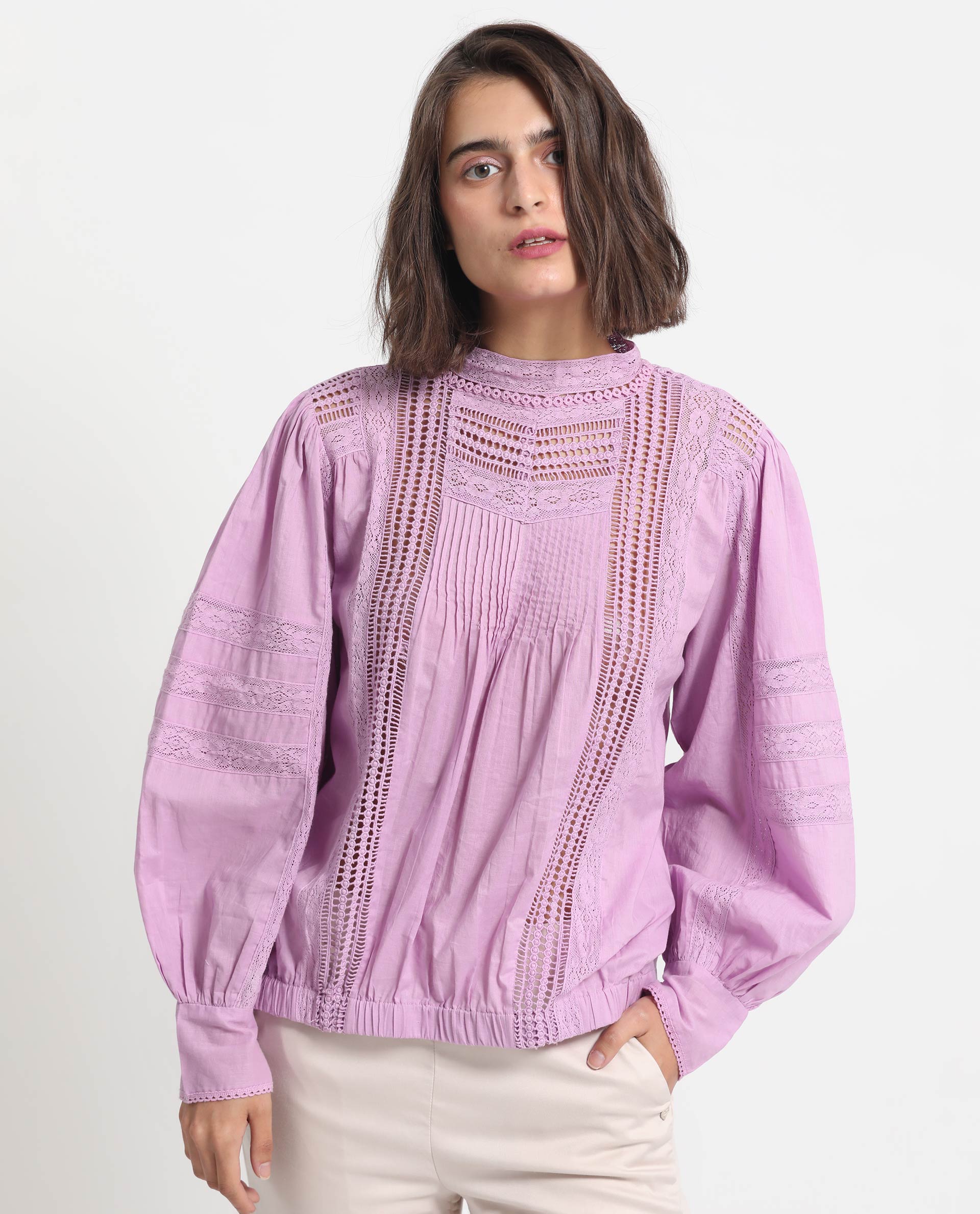 Rareism Women's Schwan Light Purple Cotton High Neck Plain Balloon Sleeve Regular Fit Top