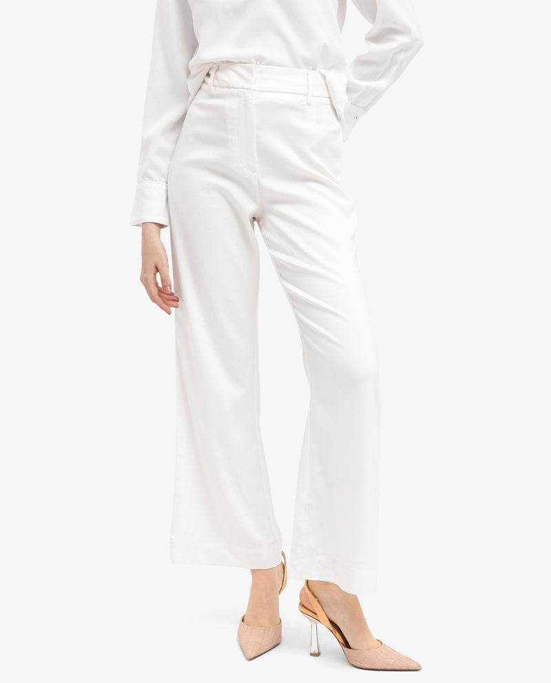 Rareism Women Selene White Cotton Fabric Zipper Closure Solid Regular Fit Trouser