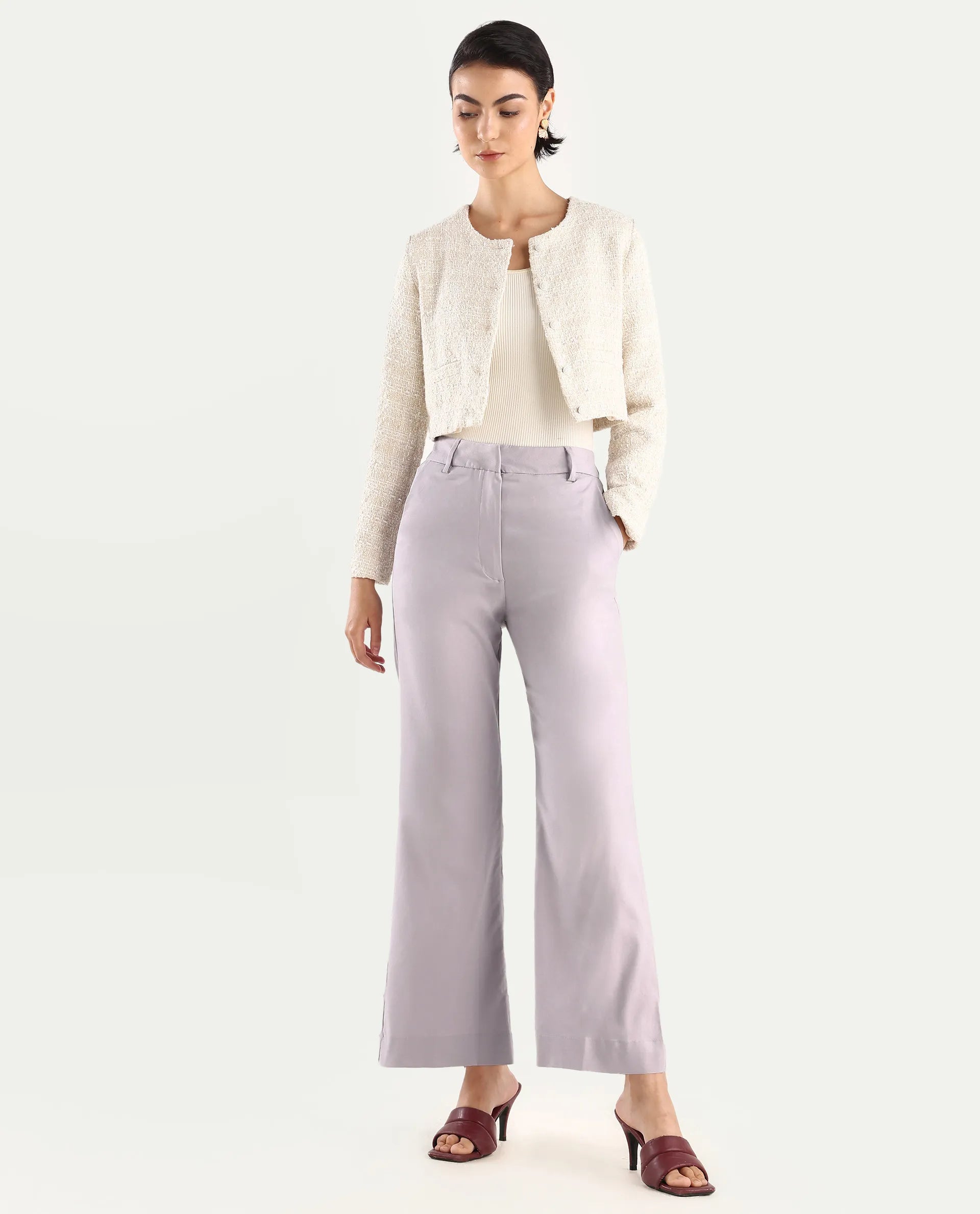 Rareism Women's Selene Purple Cotton Plain Ankle Length Straight Fit Trouser