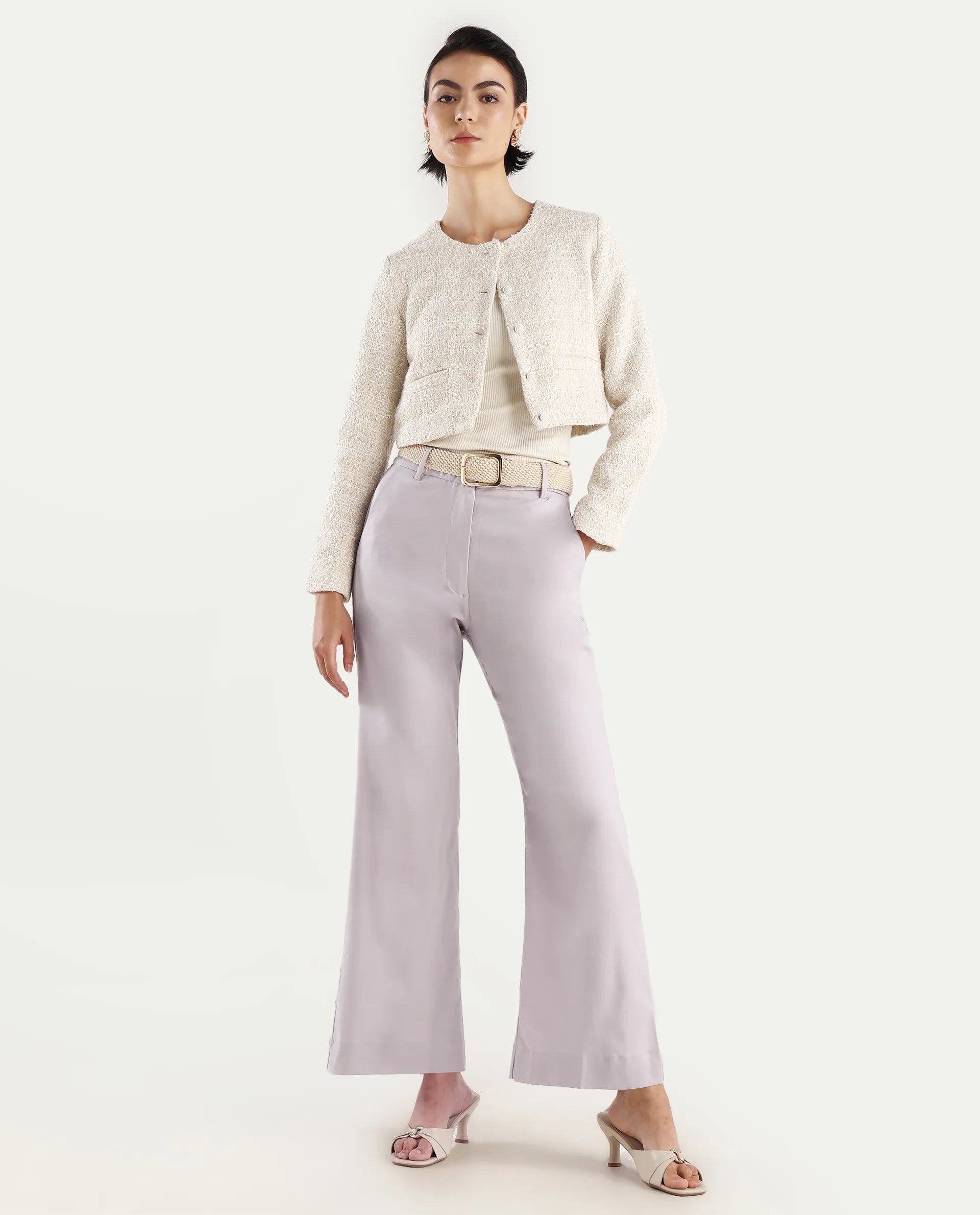 Rareism Women's Selene Purple Cotton Plain Ankle Length Straight Fit Trouser