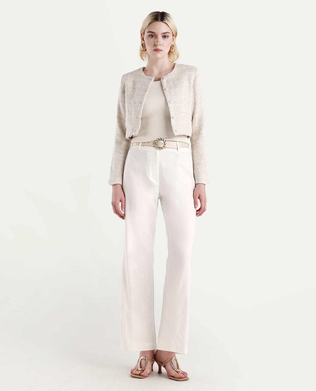 Rareism Women's Selene White Cotton Blend Plain Ankle Length Straight Fit Trouser