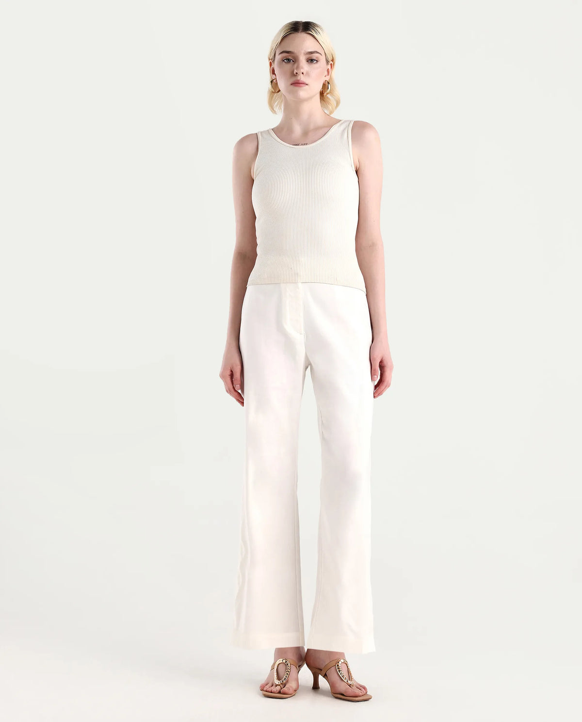 Rareism Women's Selene White Cotton Blend Plain Ankle Length Straight Fit Trouser