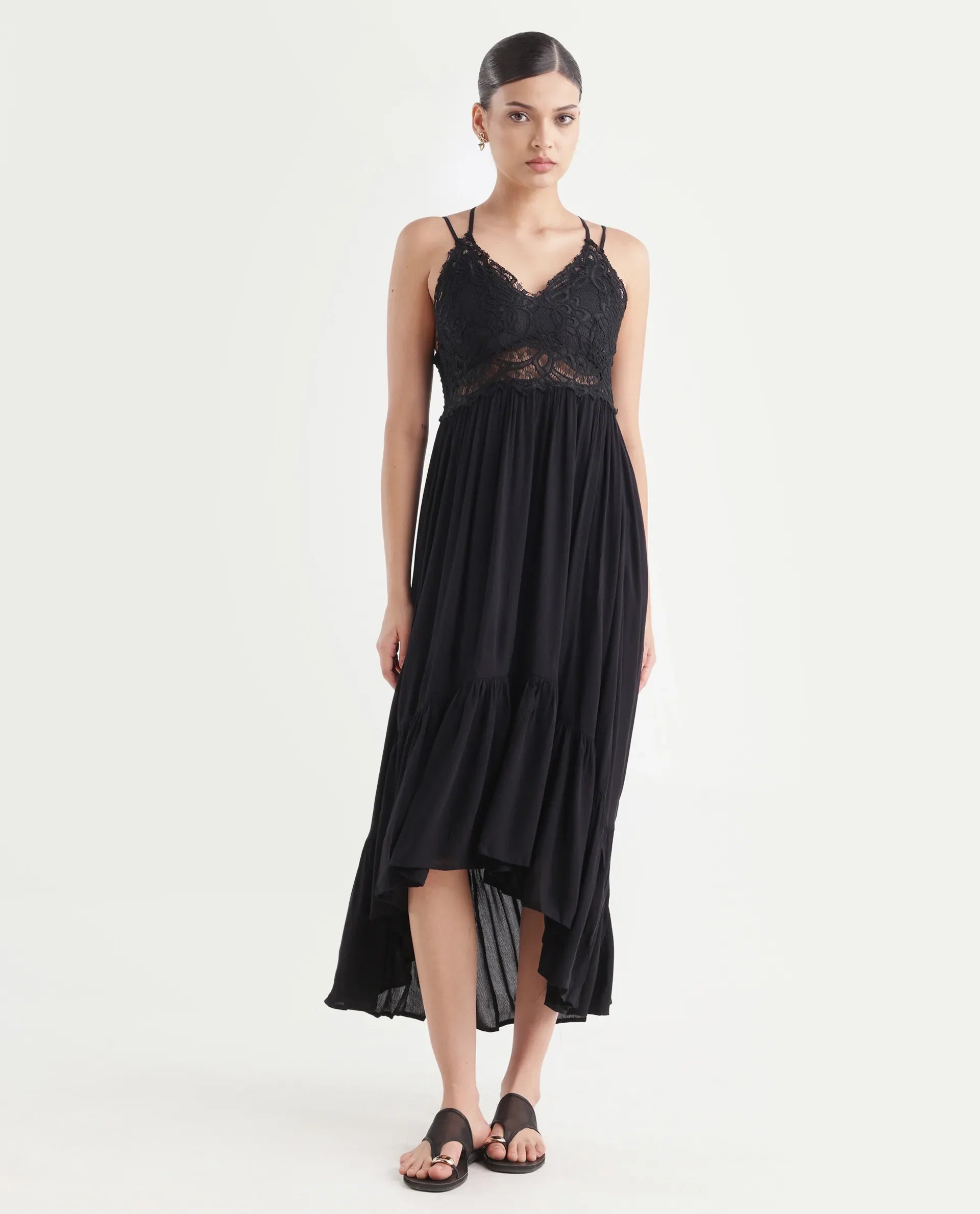 Rareism Women's Semolina Black Shoulder Strap Plain Shoulder Strap Maxi Fit And Flare Dress